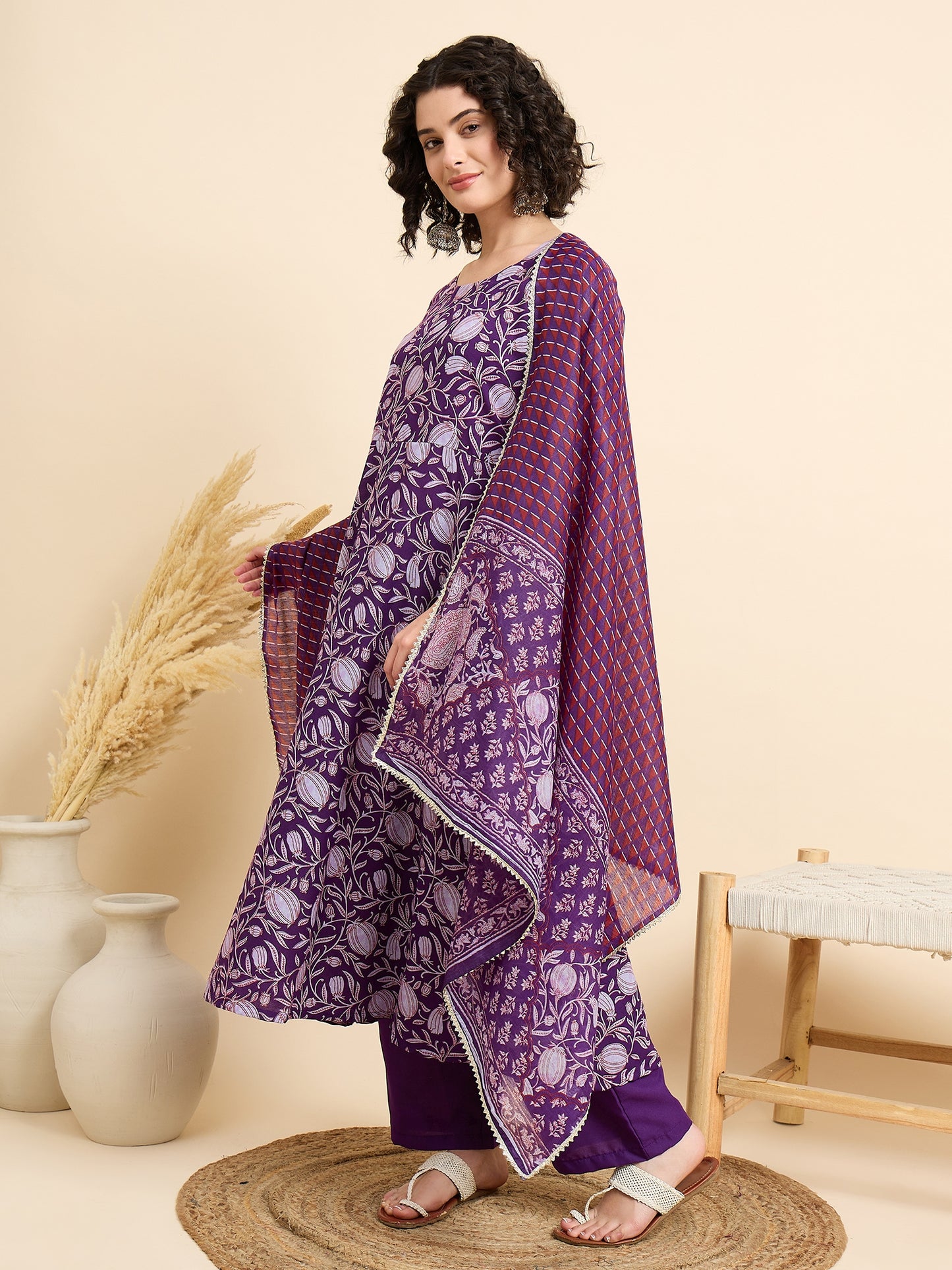 Ethnic Set Women Printed Anarkali Kurta And Pant Set With Dupatta