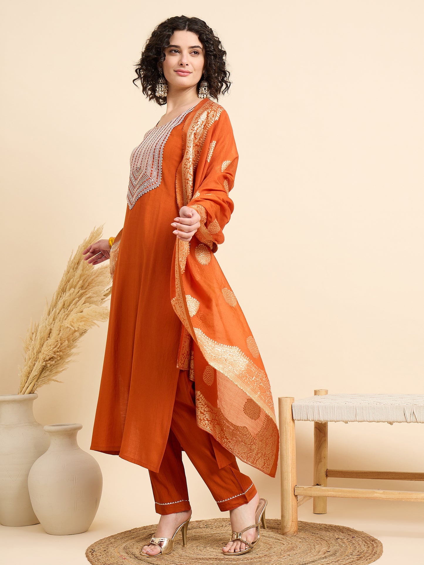 Ethnic Set Women Emboridered Straight Orange Kurta And Pant Set With Dupatta