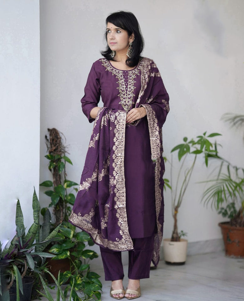 Ethnic Set Women Embroidered Wine Kurta and Pant Set With Dupatta