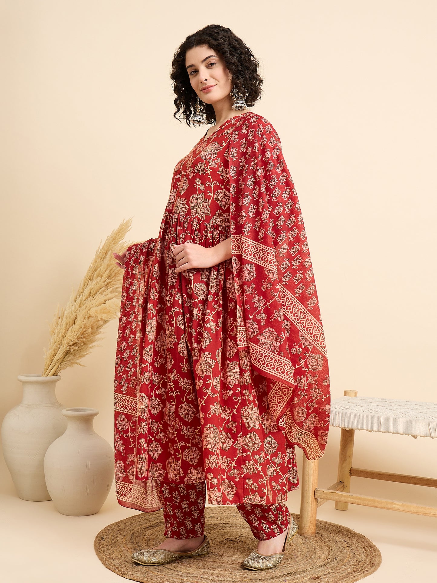 Ethnic Set Women Floral Printed Anarkali Red Kurta And Pant Set With Dupatta