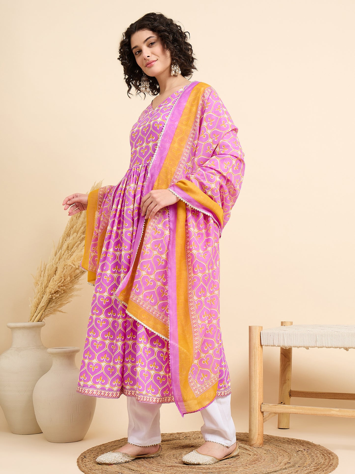 Ethnic Set Women Printed Anarkali Pink Kurta And Pant Set With Dupatta