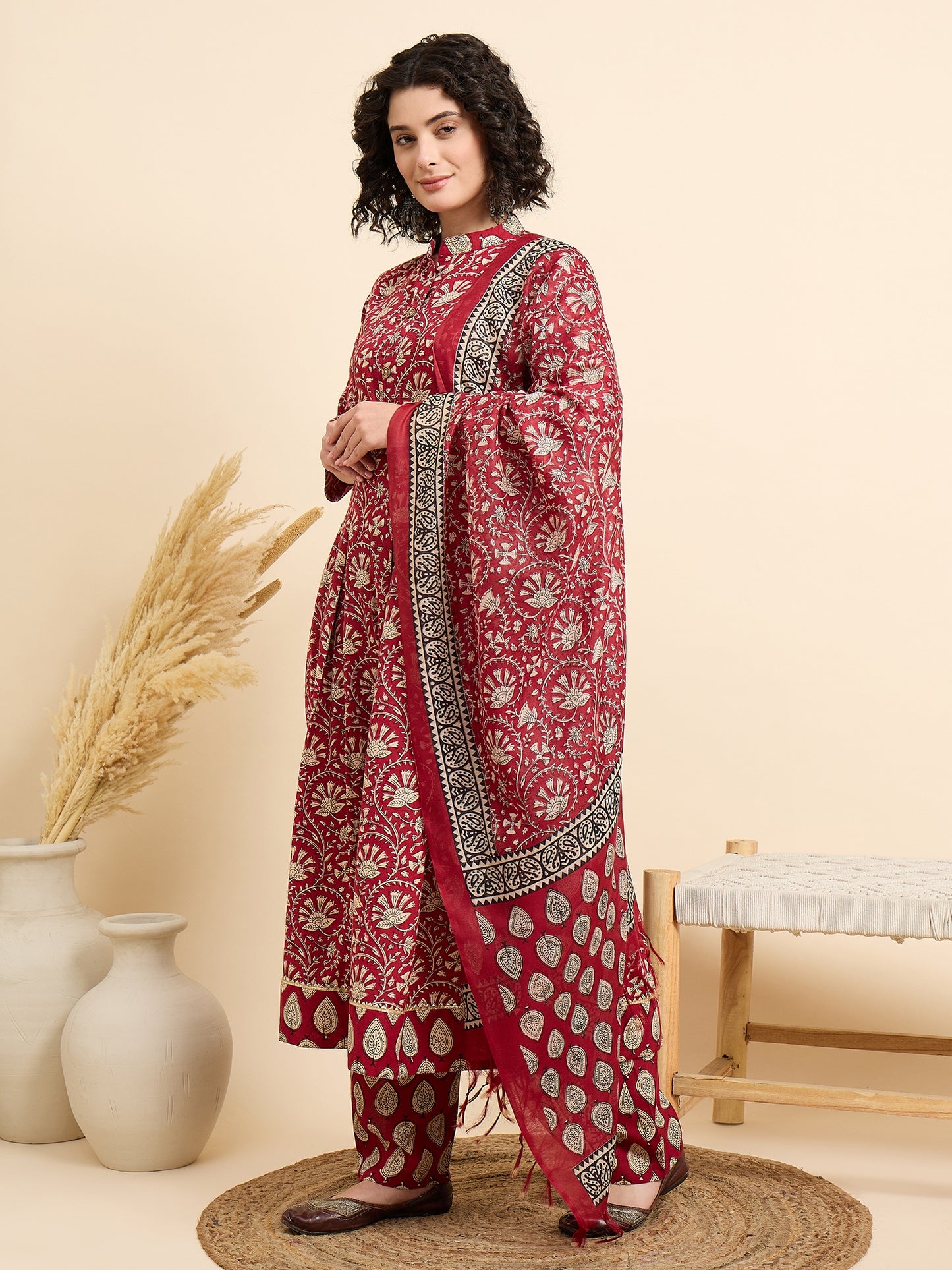 Ethnic Set Women Printed Anarkali Red Kurta And Pant Set With Dupatta
