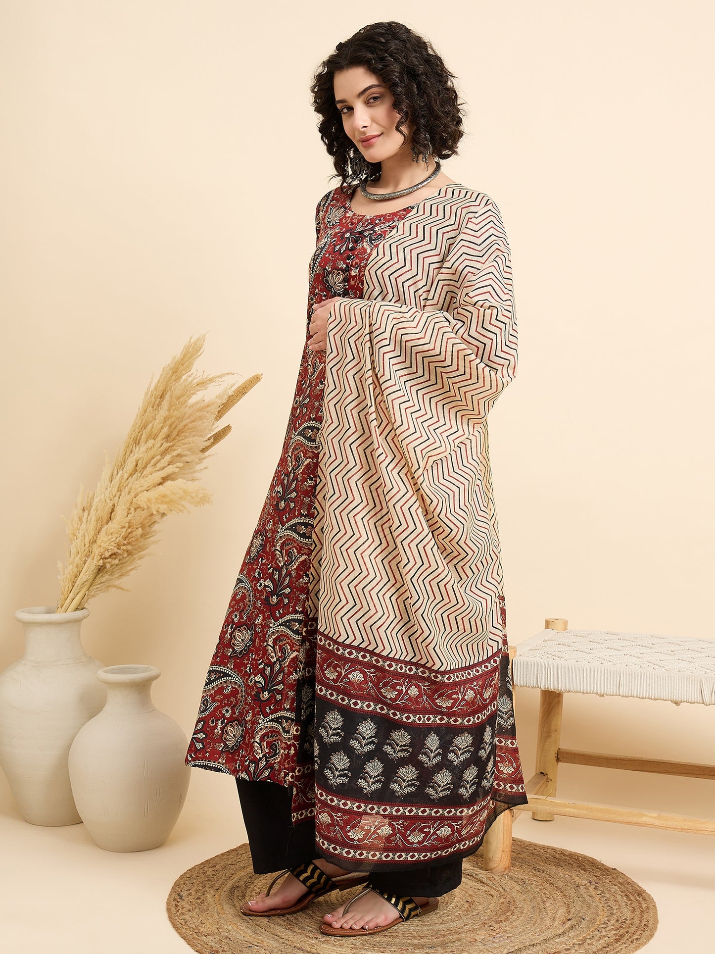 Ethnic Set Women Printed Anarkali Maroon Kurta And Pant Set With Dupatta