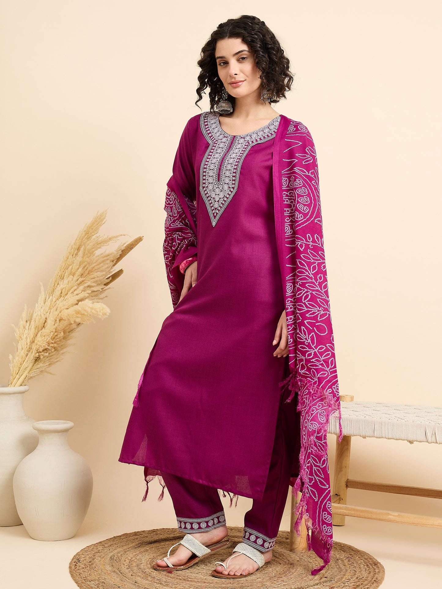 Ethnic Set Women Embroidered Pink Kurta And Pant Set With Dupatta