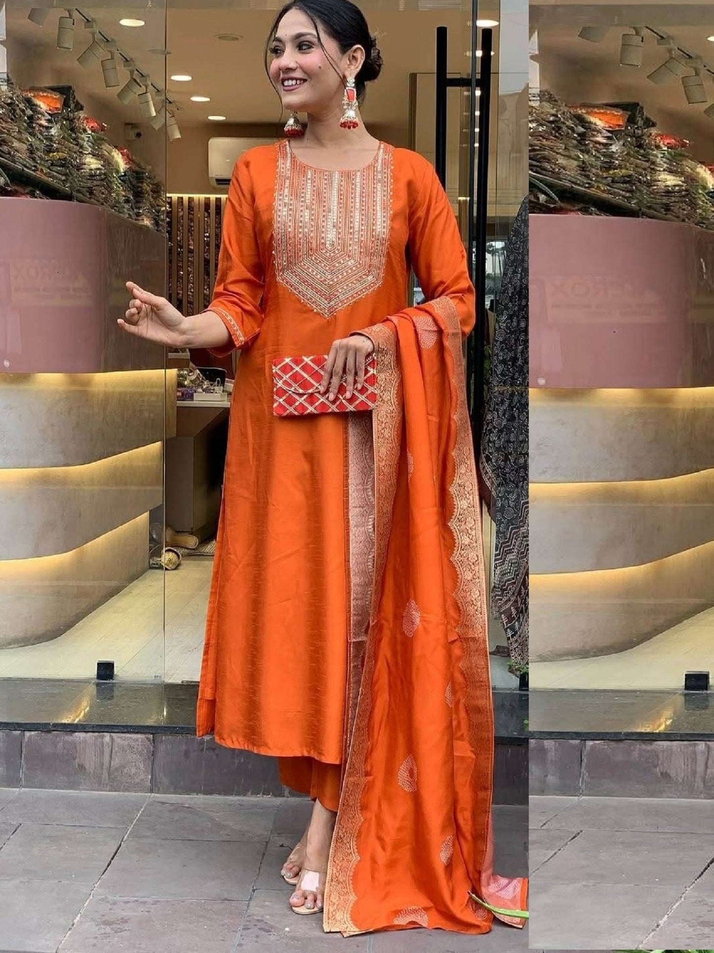 Ethnic Set Women Embroidered Straight Kurta And Pant Set With Dupatta