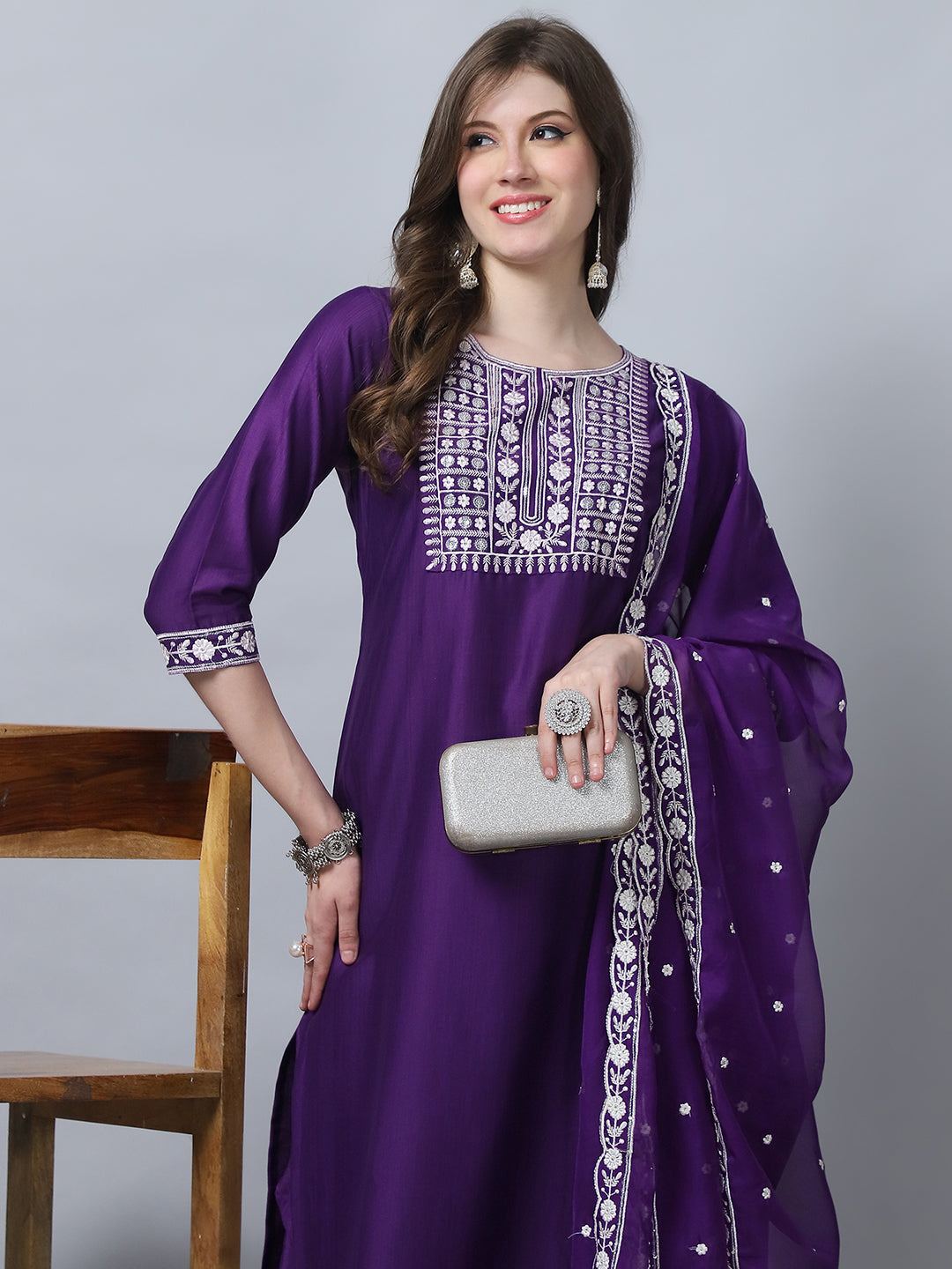 Ethnic Set Women Embroidery Straight Kurta and Pant set with Dupatta - Ethnic Set