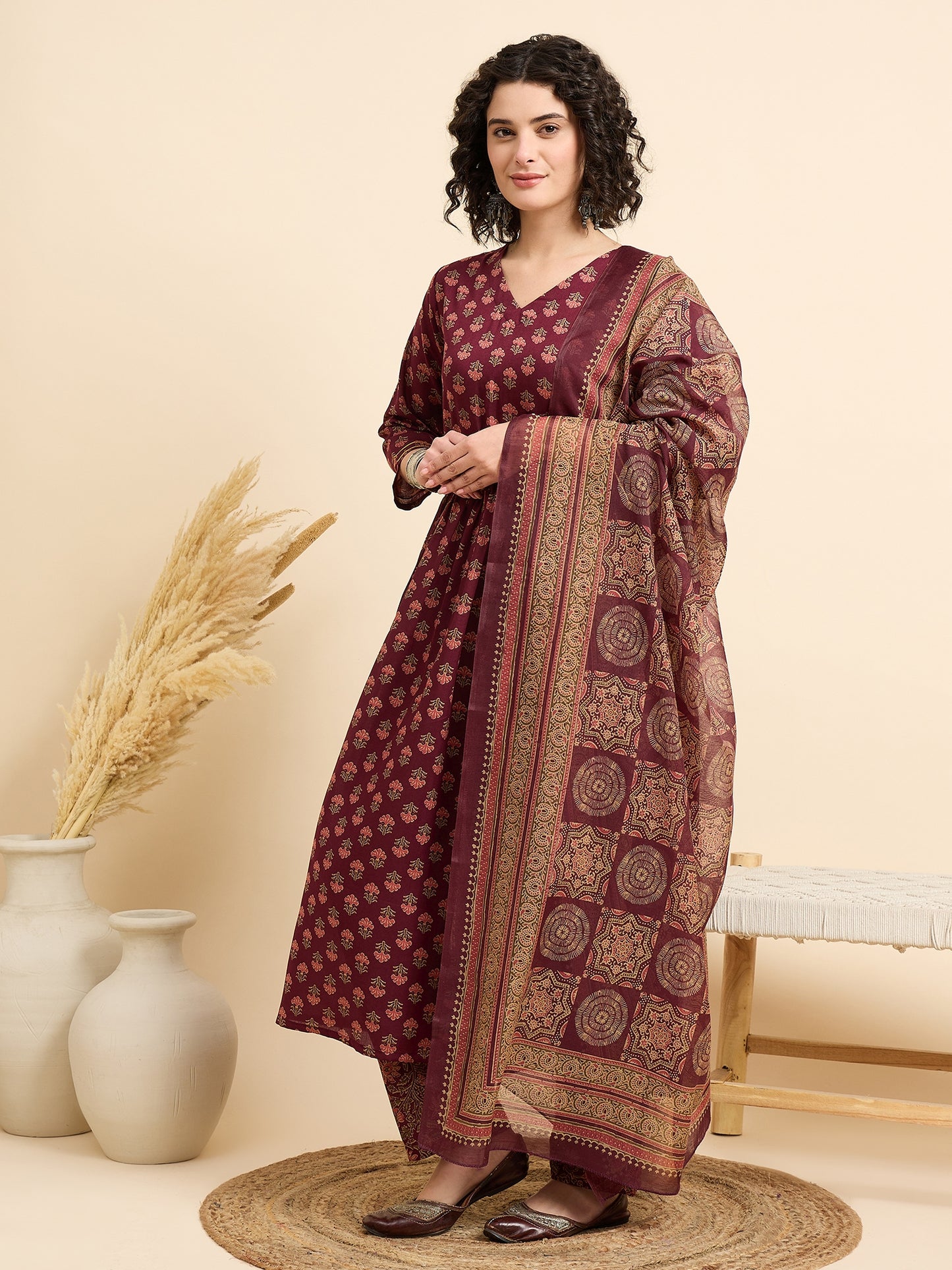 Ethnic Set Women Printed A-Line Kurta And Pant Set With Dupatta