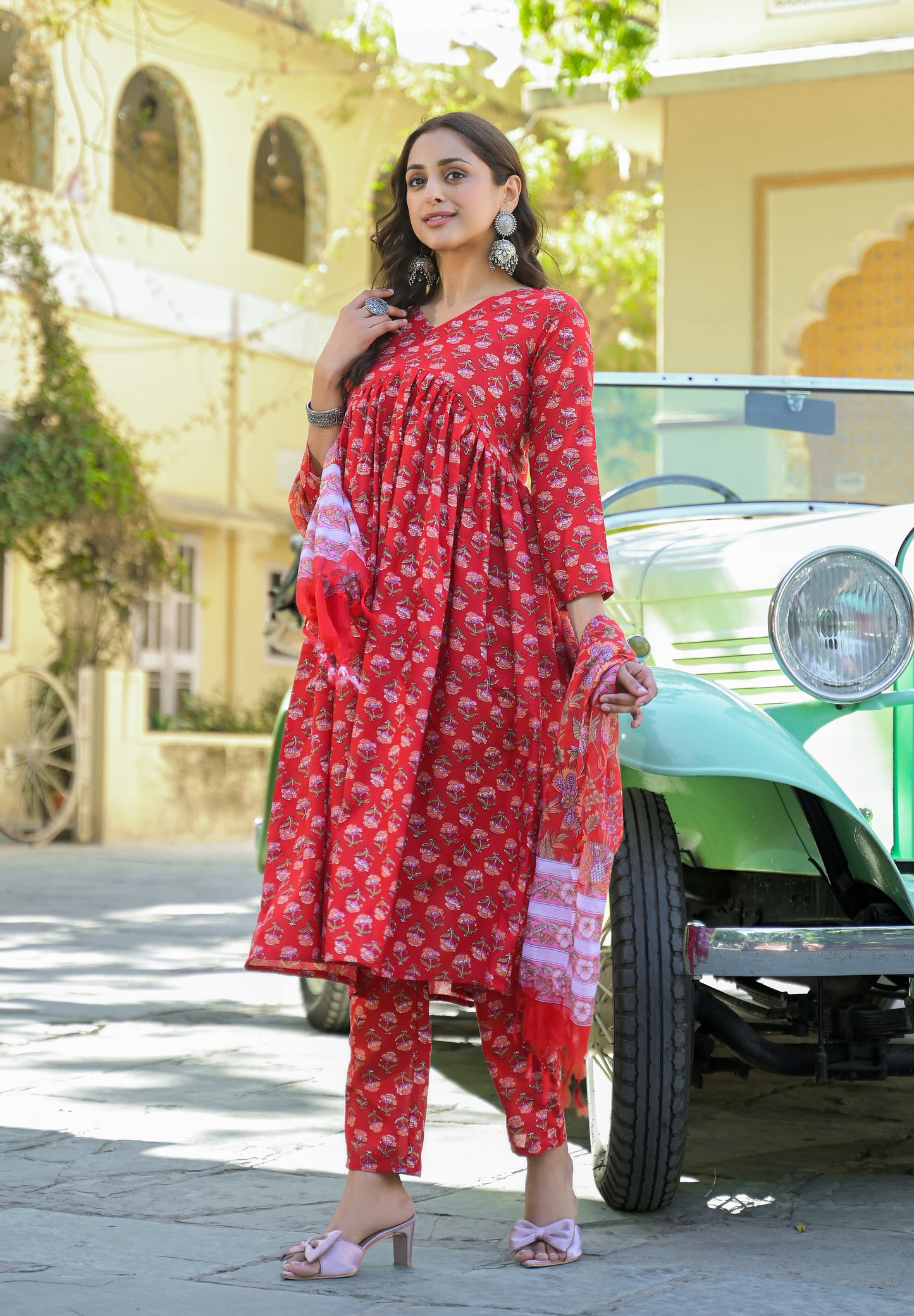 Ethnic Set Women Printed Anarkali Red Kurta And Pant Set With Dupatta