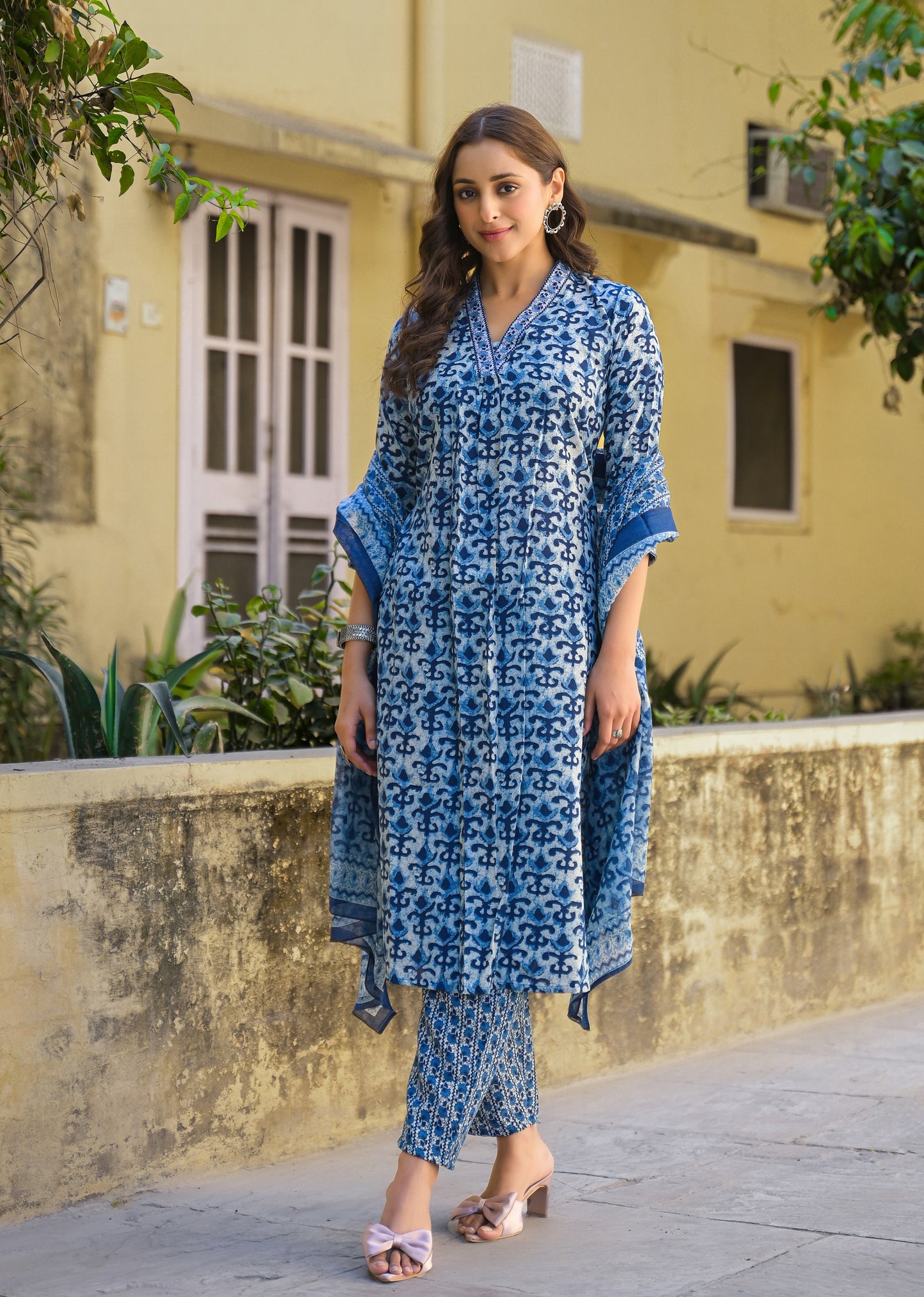 Ethnic Set Women Printed A-Line Blue Kurta And Pant Set With Dupatta