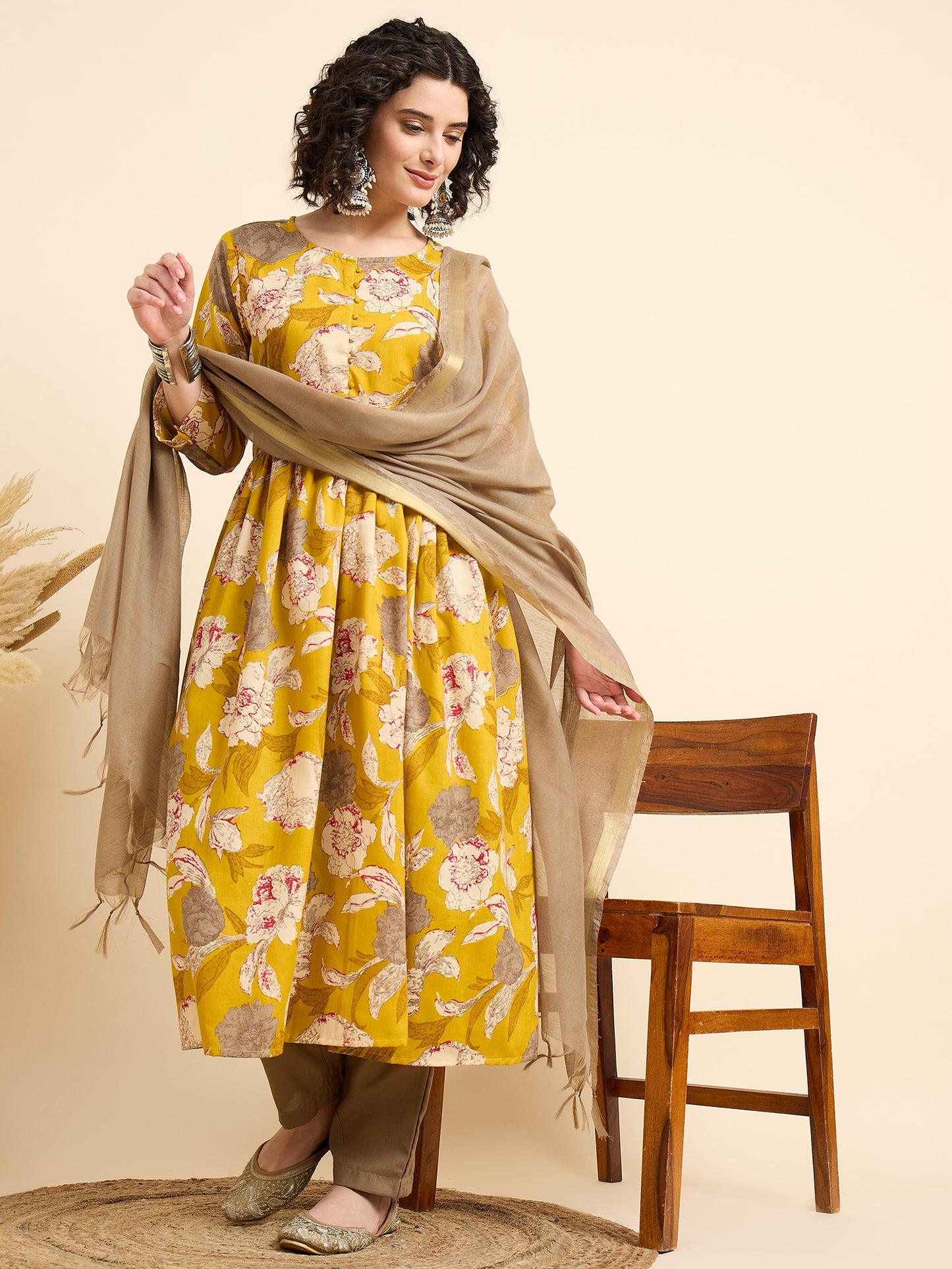 Ethnic Set Women Printed Anarkali Yellow Kurta And Pant Set With Dupatta