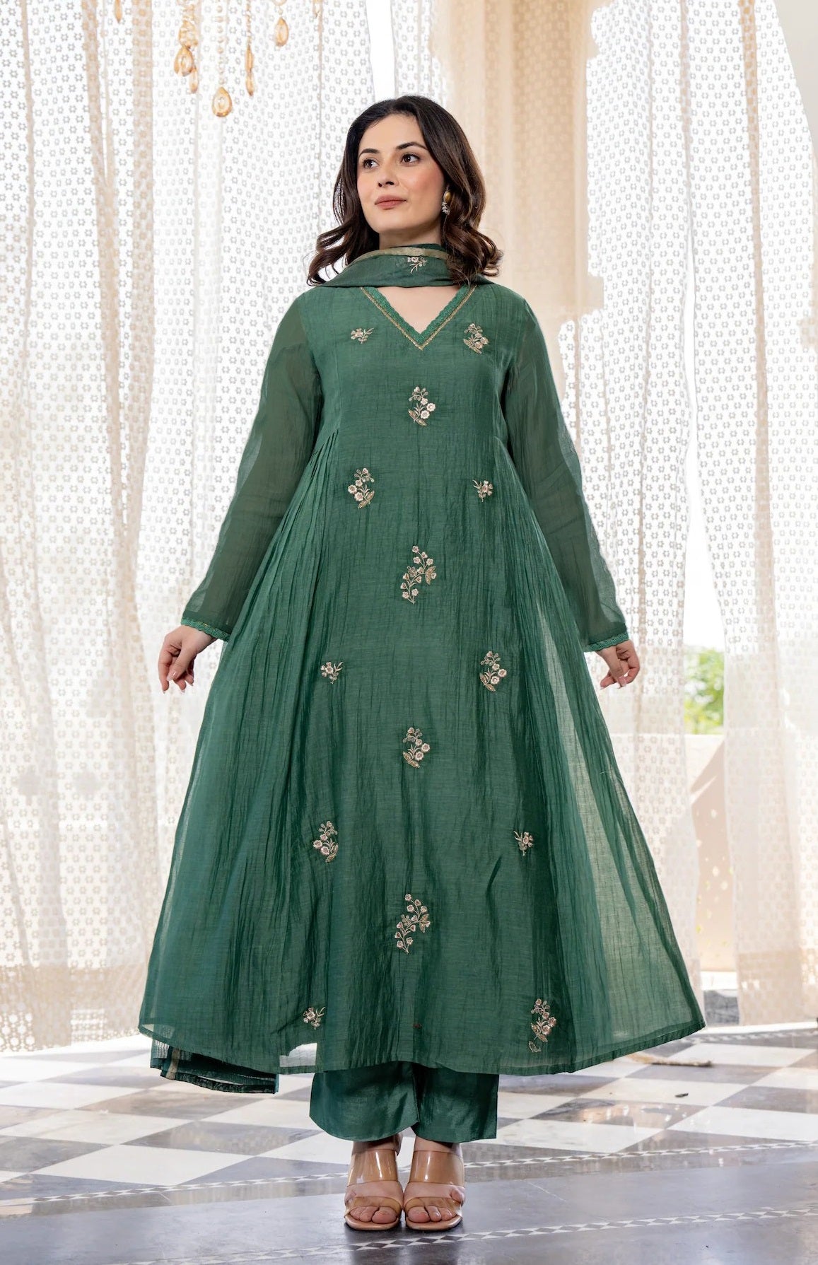 Ethnic Set Women Silk Embroidery Anarkali Kurta and Pant Set with Dupatta