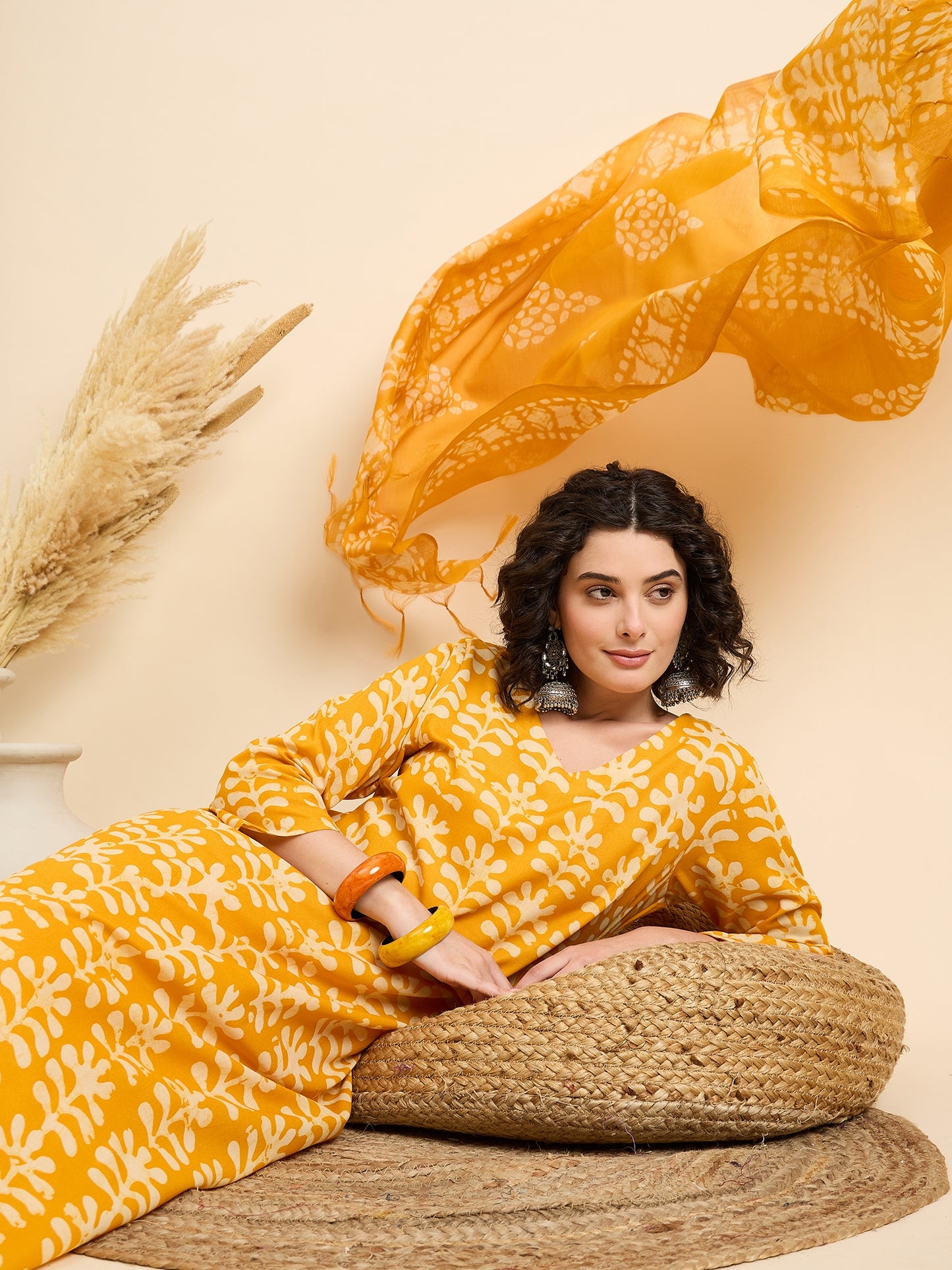 Ethnic Set Women Printed Straight Yellow Kurta And Pant Set With Dupatta