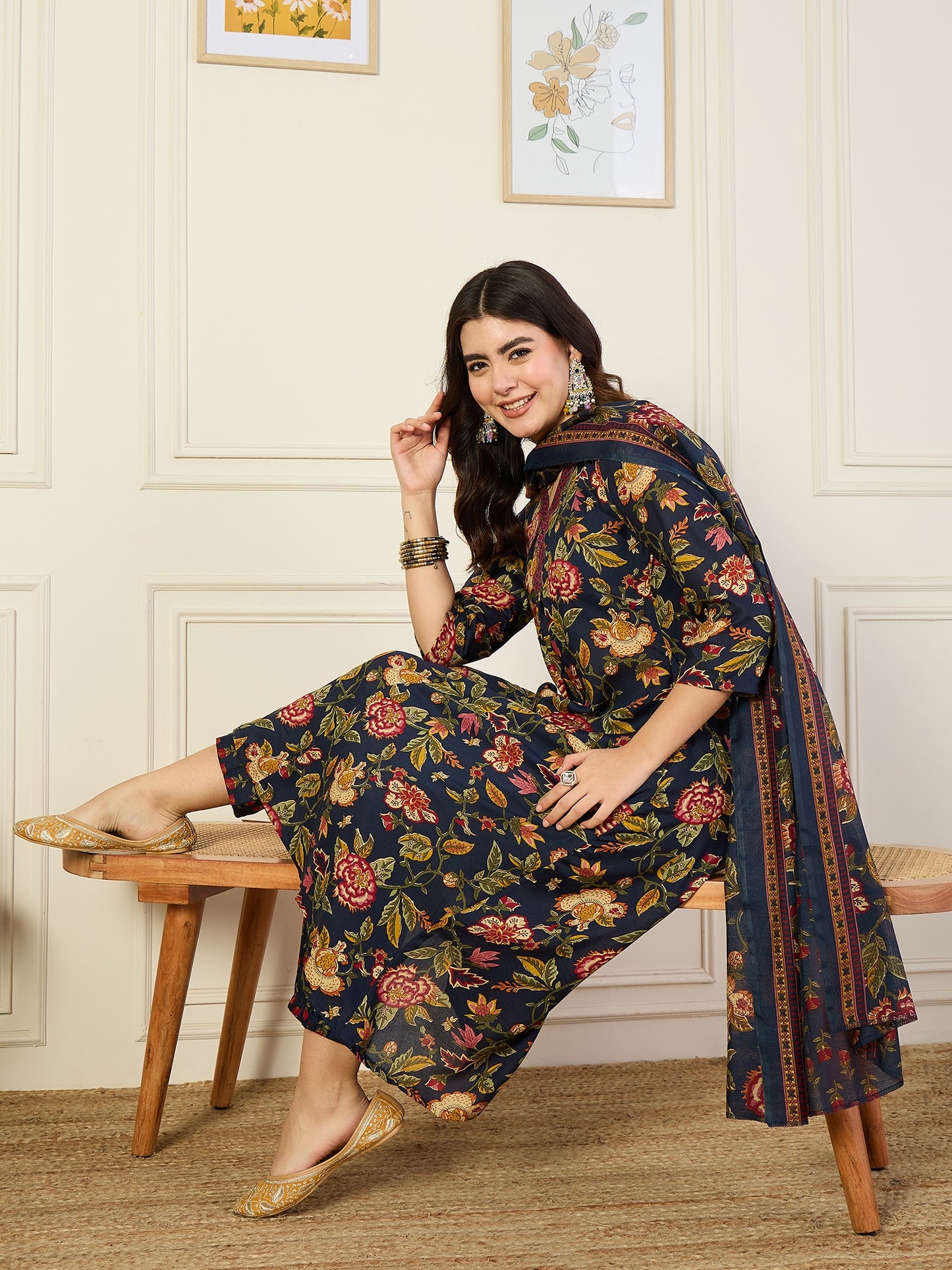 Ethnic Set Women Printed A-Line Floral Blue Kurta and Pant Set With Dupatta