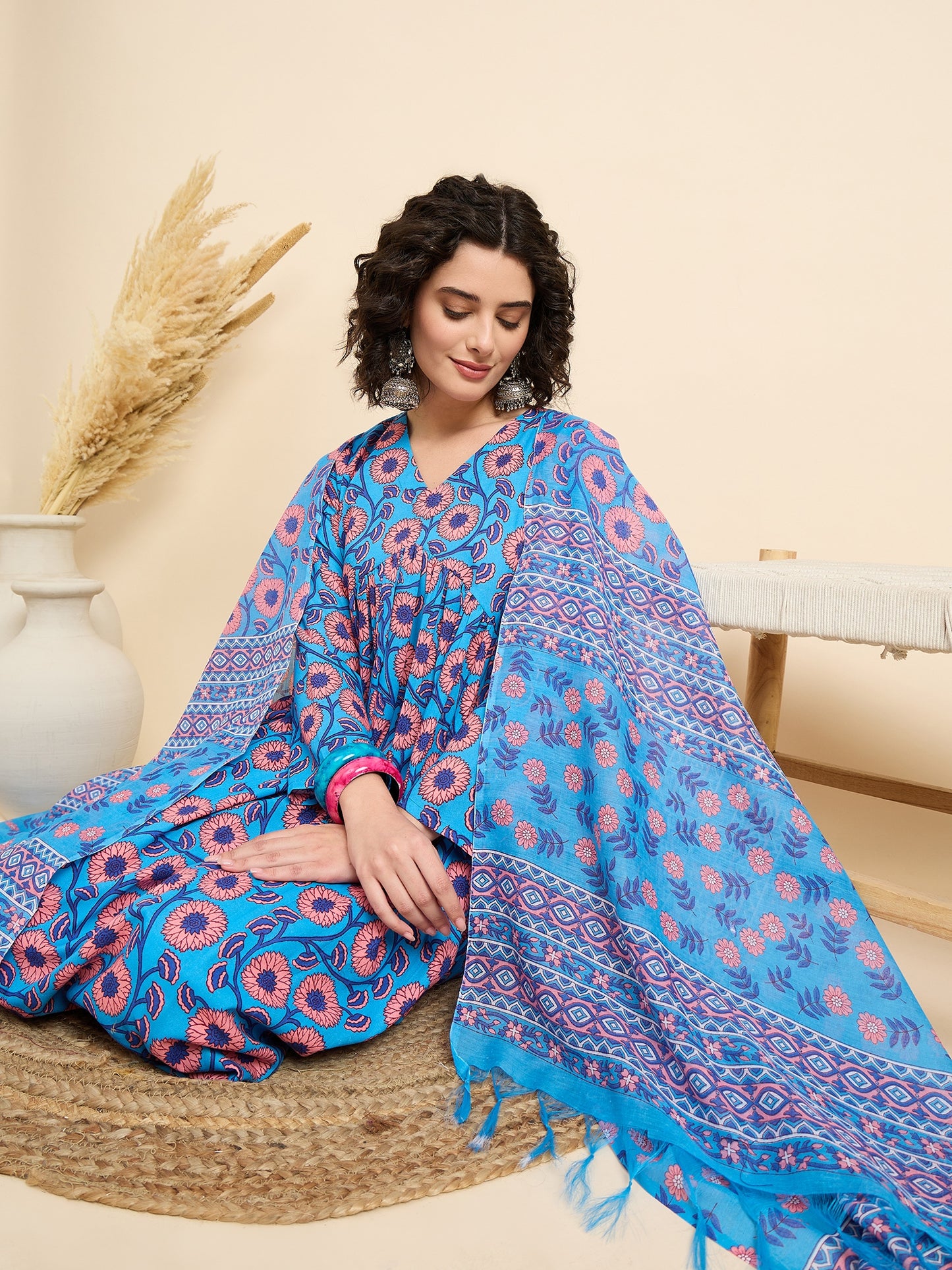 Ethnic Set Women Printed Anarkali Blue Kurta And Pant Set With Dupatta