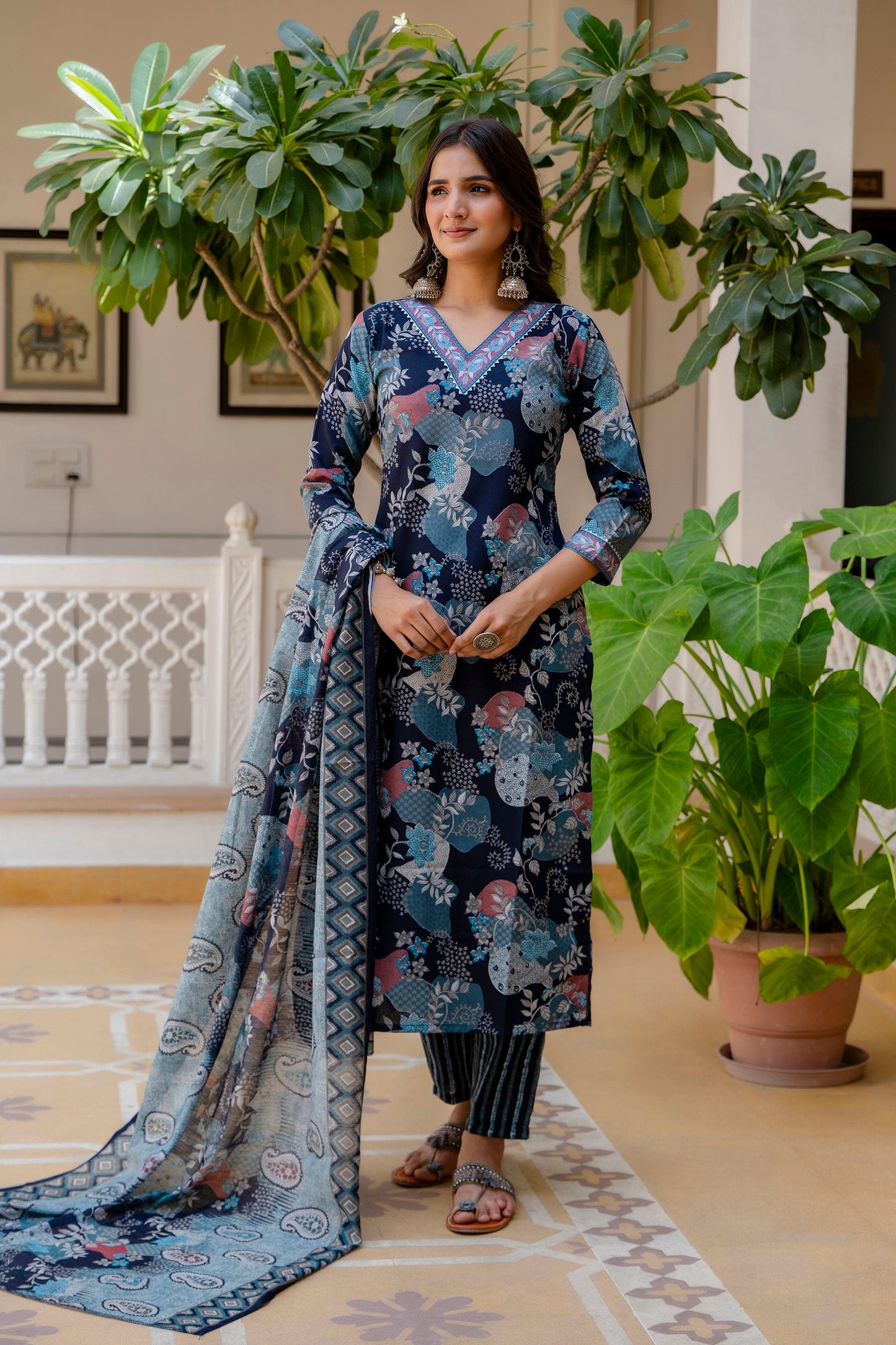 Ethnic Set Women Printed A-Line Kurta and Pant set with Dupatta