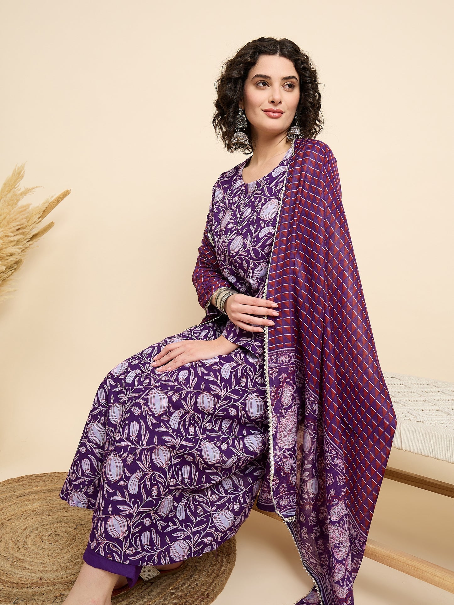 Ethnic Set Women Printed Anarkali Kurta And Pant Set With Dupatta