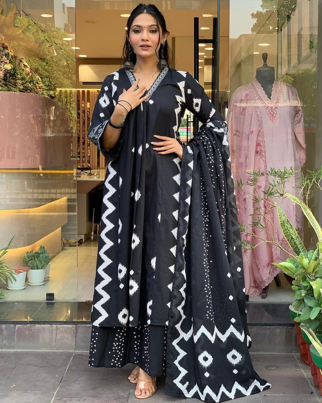 Ethnic Set Women Printed A-Line Black Kurta and Pant Set With Dupatta