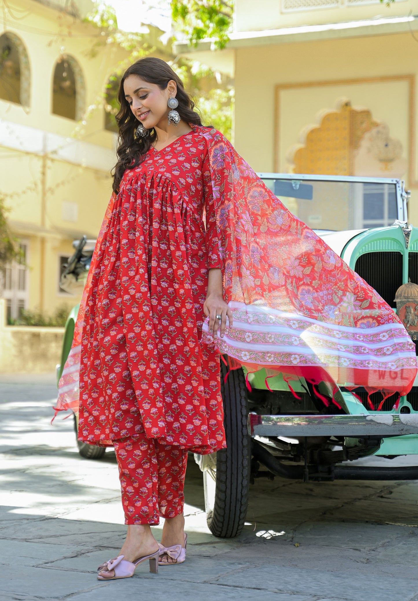 Ethnic Set Women Printed Anarkali Red Kurta And Pant Set With Dupatta