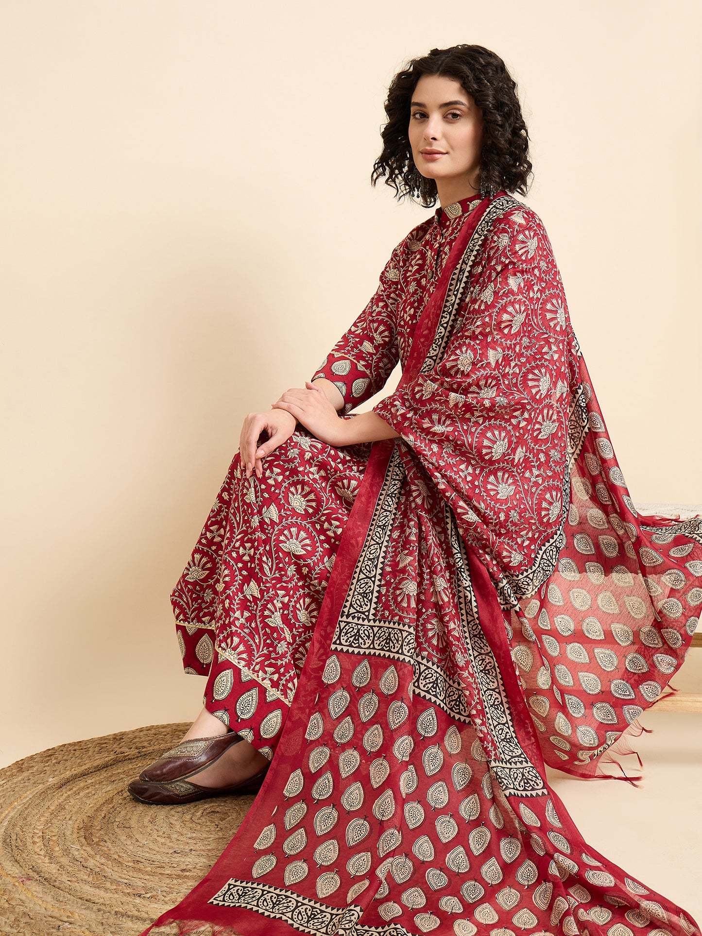 Ethnic Set Women Printed Anarkali Red Kurta And Pant Set With Dupatta