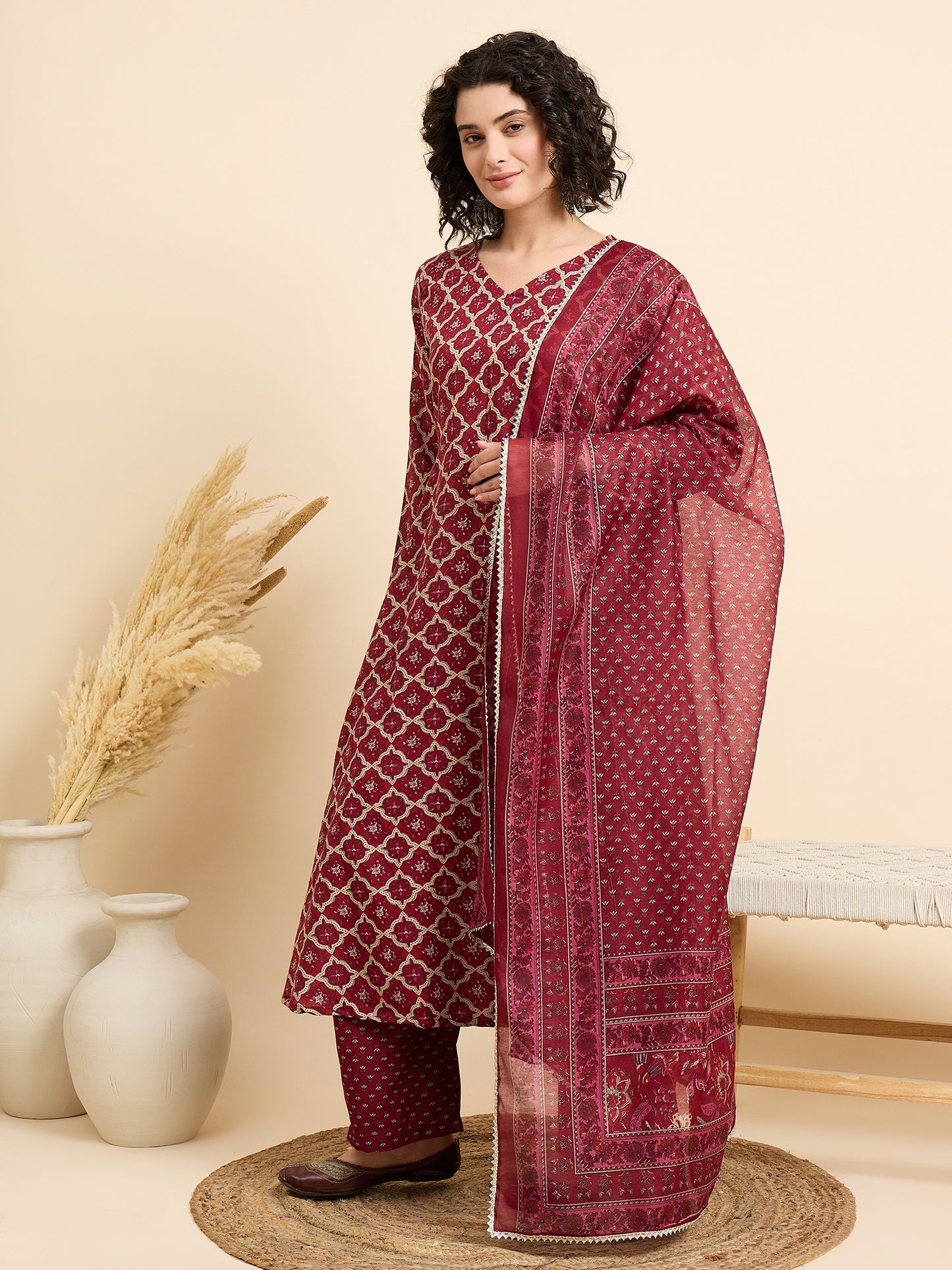 Ethnic Set Women Printed A-Line Kurta And Pant Set With Dupatta