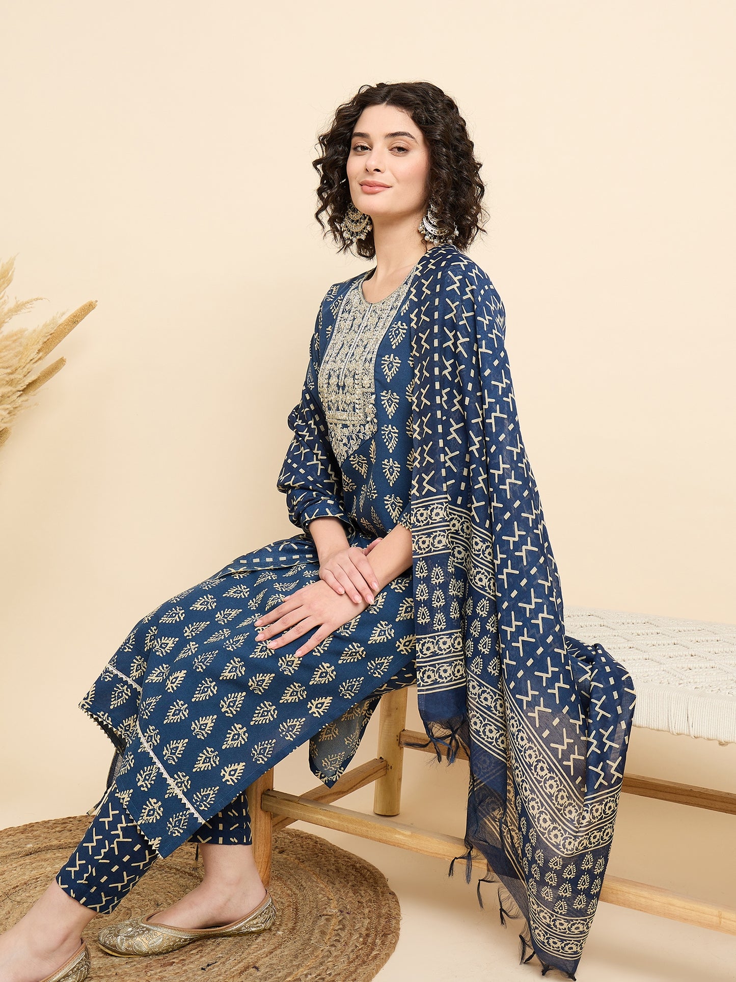 Ethnic Set Women Embroidered Straight Blue Kurta And Pant Set With Dupatta