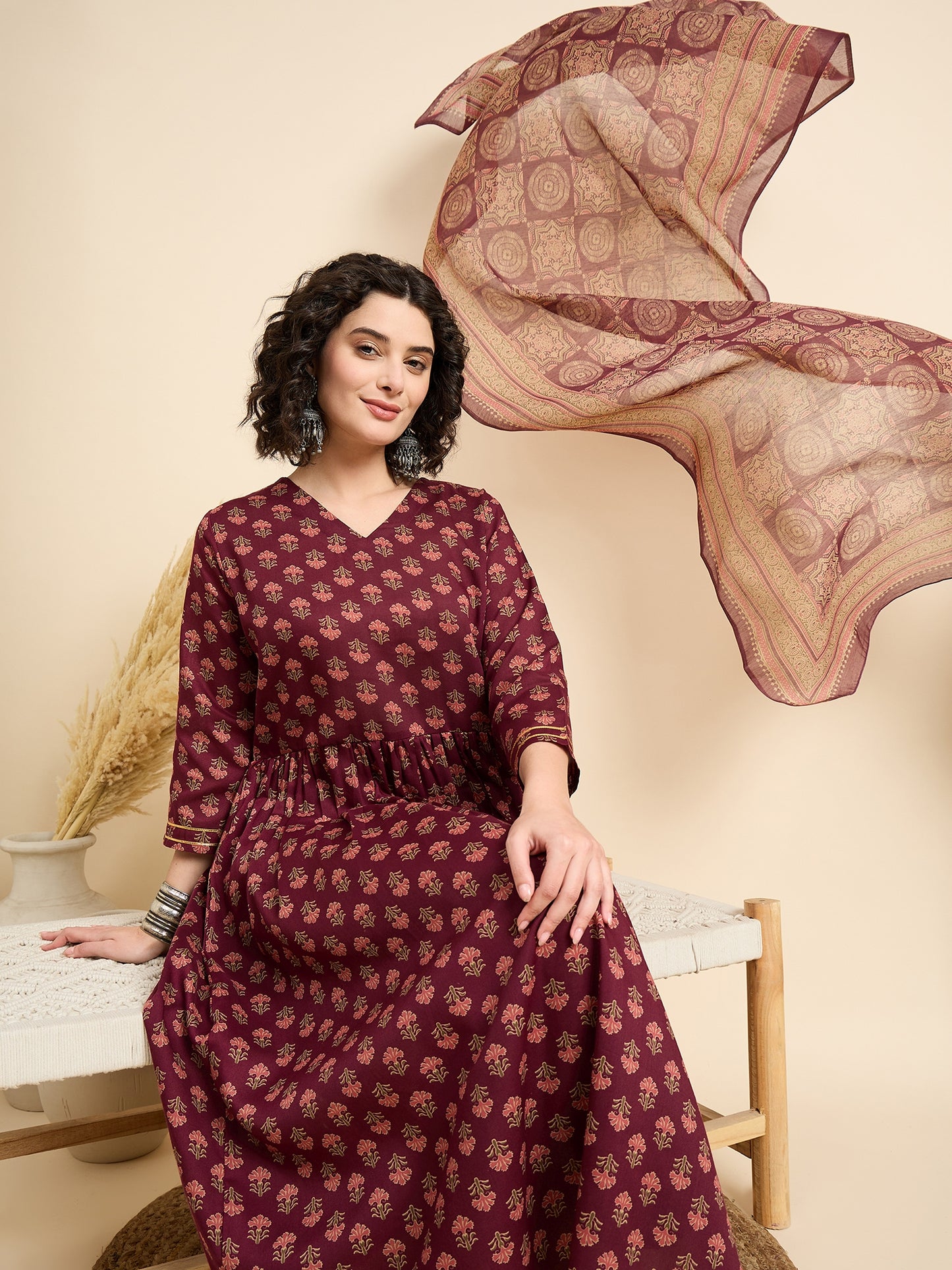 Ethnic Set Women Printed A-Line Kurta And Pant Set With Dupatta