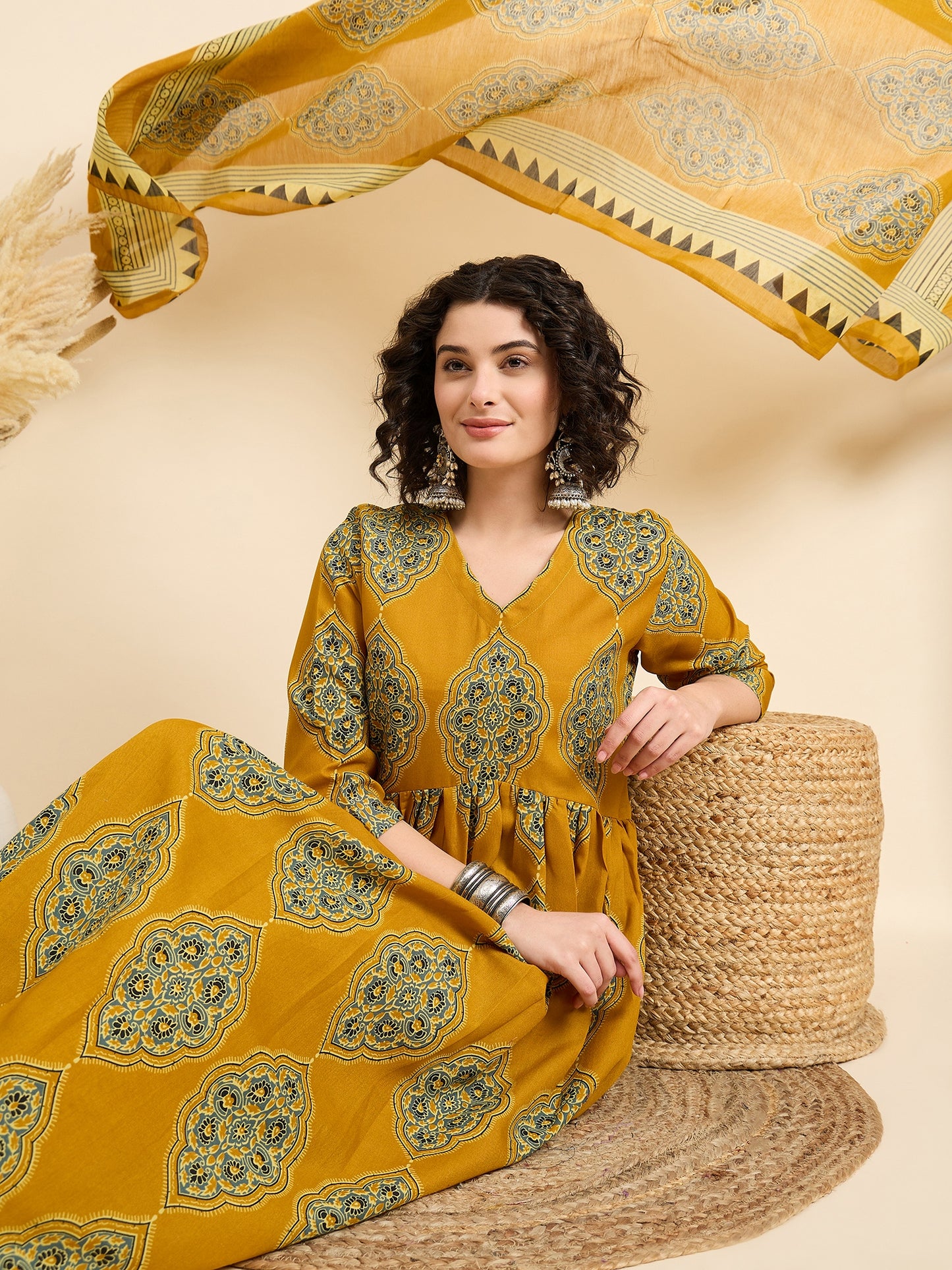 Ethnic Set Women Printed Anarkali Yellow Kurta And Pant Set With Dupatta