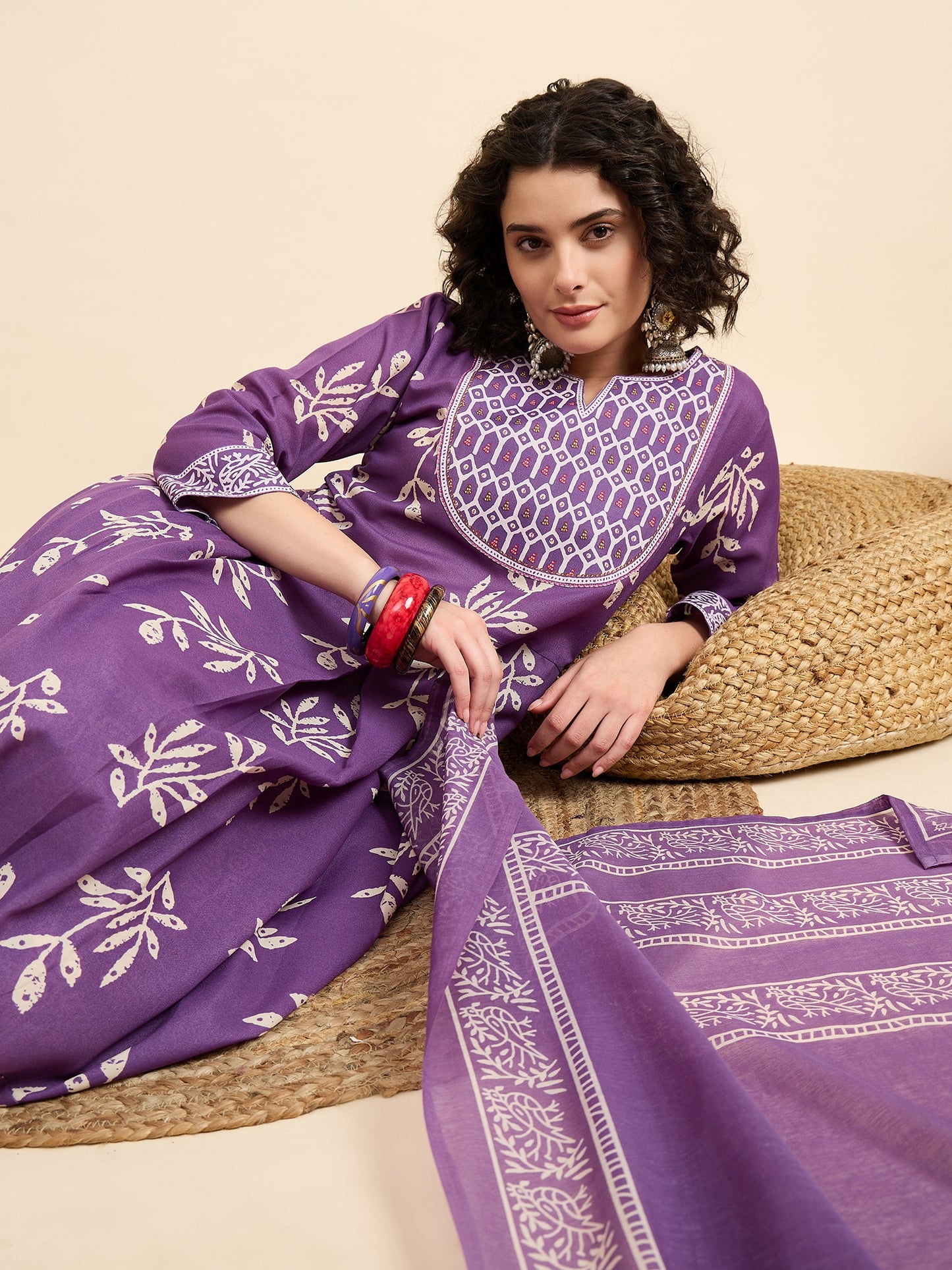 Ethnic Set Women Printed Anarkali Kurta And Pant Set With Dupatta