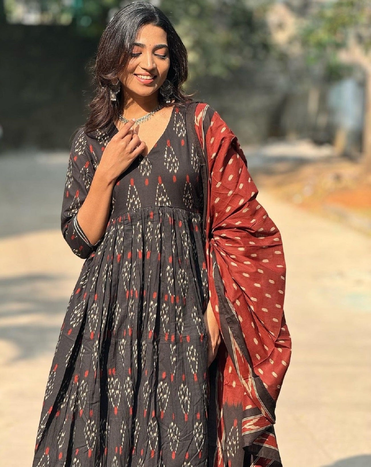 Ethnic Set Women Floral Anarkali Printed Black Kurta and Pant Set With Dupatta