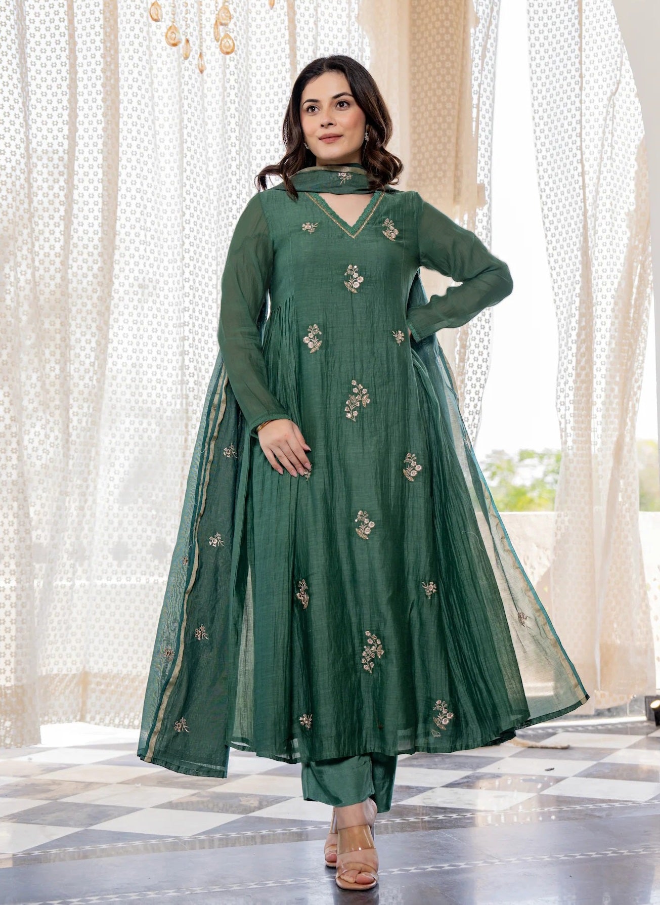Ethnic Set Women Silk Embroidery Anarkali Kurta and Pant Set with Dupatta