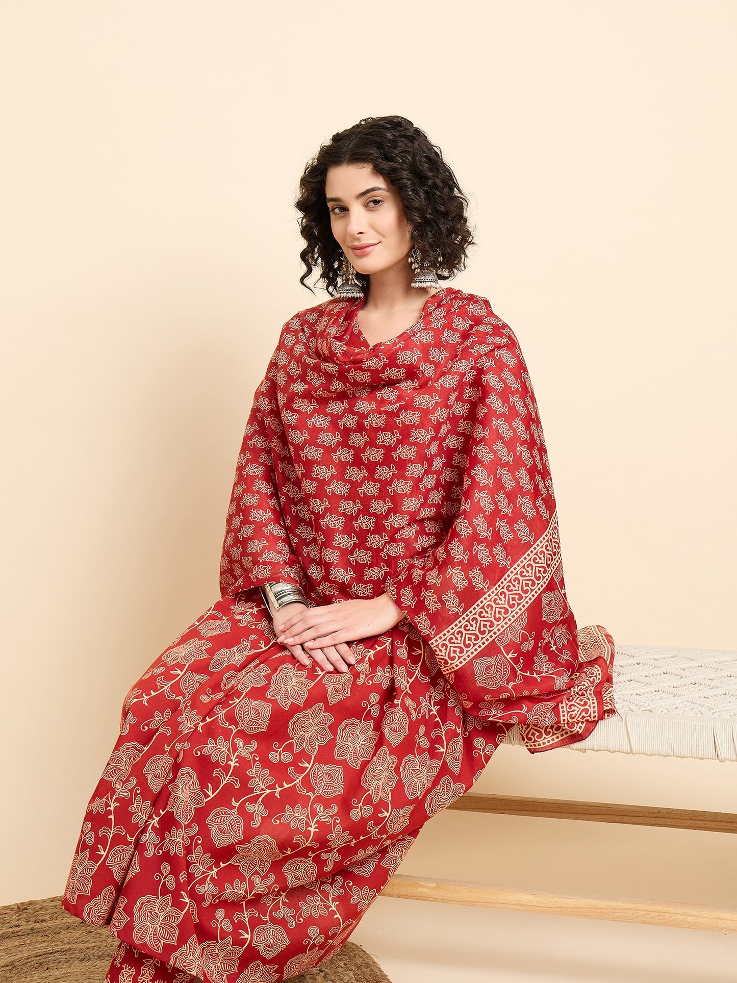 Ethnic Set Women Floral Printed Anarkali Red Kurta And Pant Set With Dupatta