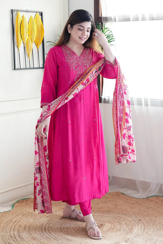 Ethnic Set Women Embroidery Anarkali Kurta and Pant with Dupatta