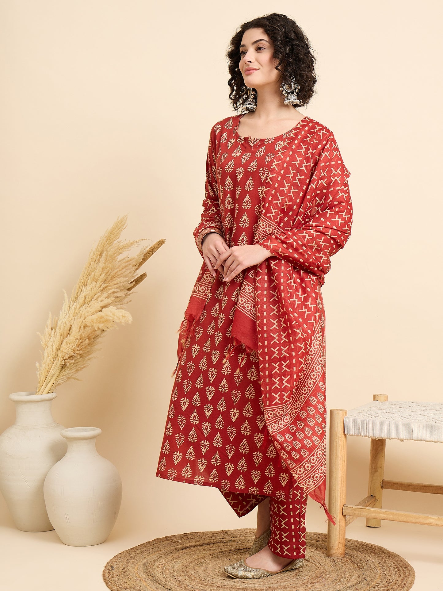 Ethnic Set Women Printed Straight Red Kurta And Pant Set With Dupatta