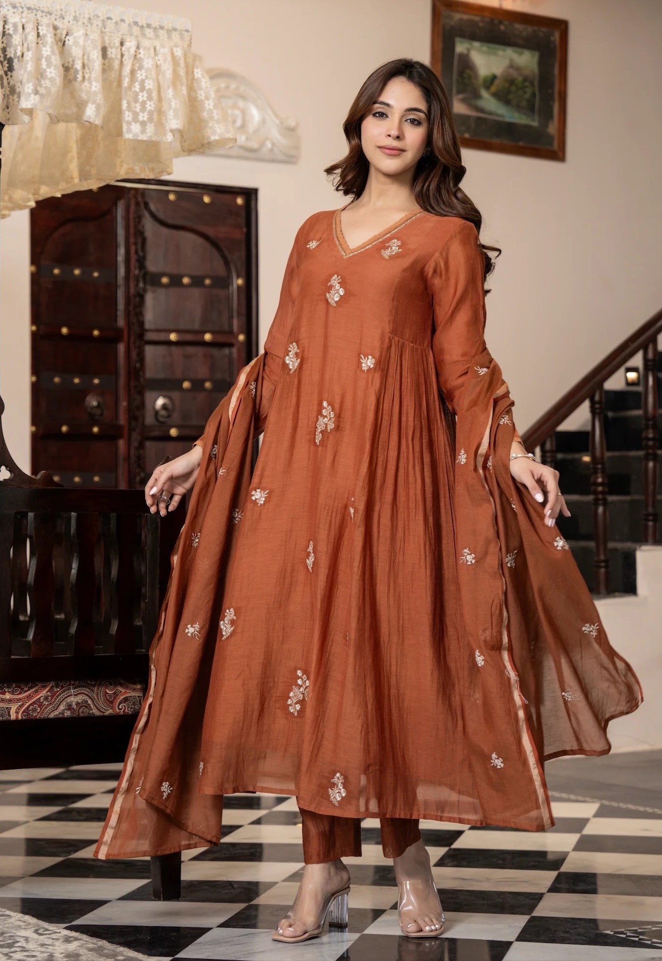 Ethnic Set Women Silk Embroidery Anarkali Kurta and Pant Set with Dupatta