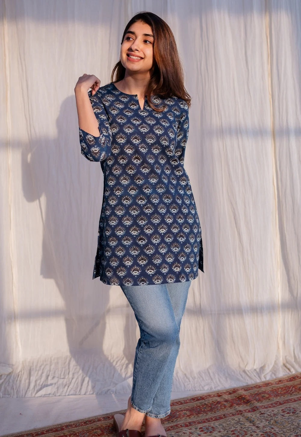 Ethnic Set Women Printed Straight Blue Short Kurta