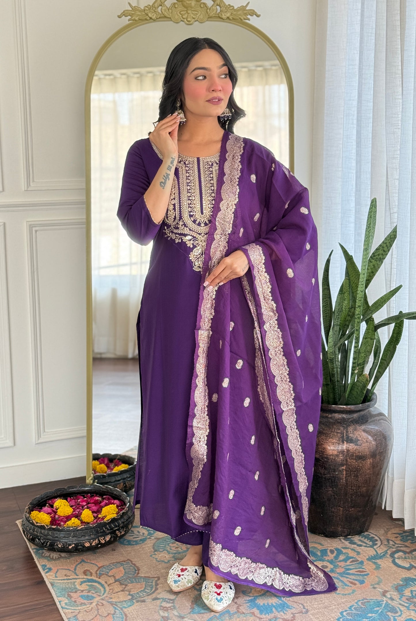 Women's Solid Embroidery Kurta Set – Ethnic Festive Wear (Kurta + Pants + Dupatta)