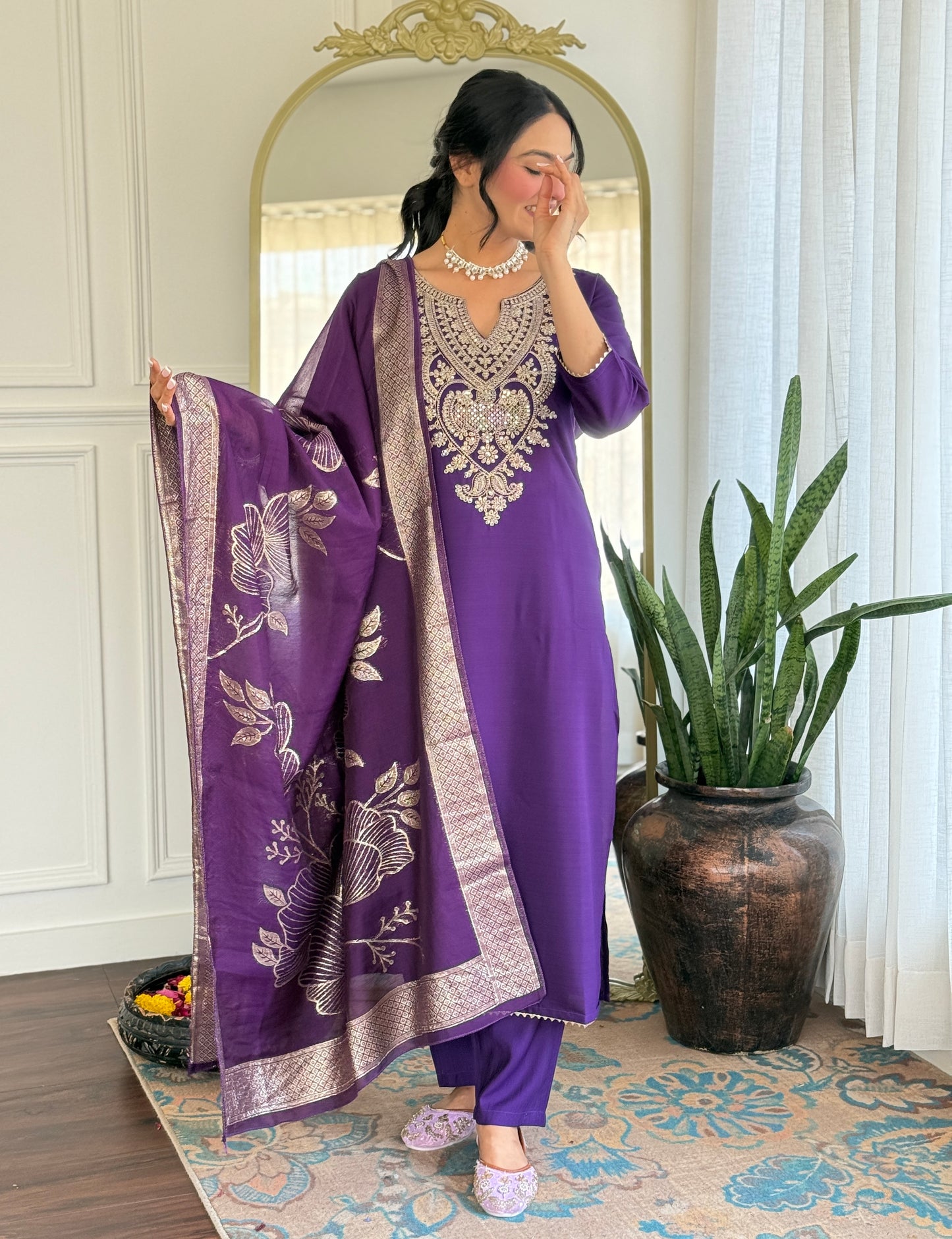 Elegant Solid Embroidered Kurta Set for Women – Festive Wear with Dupatta