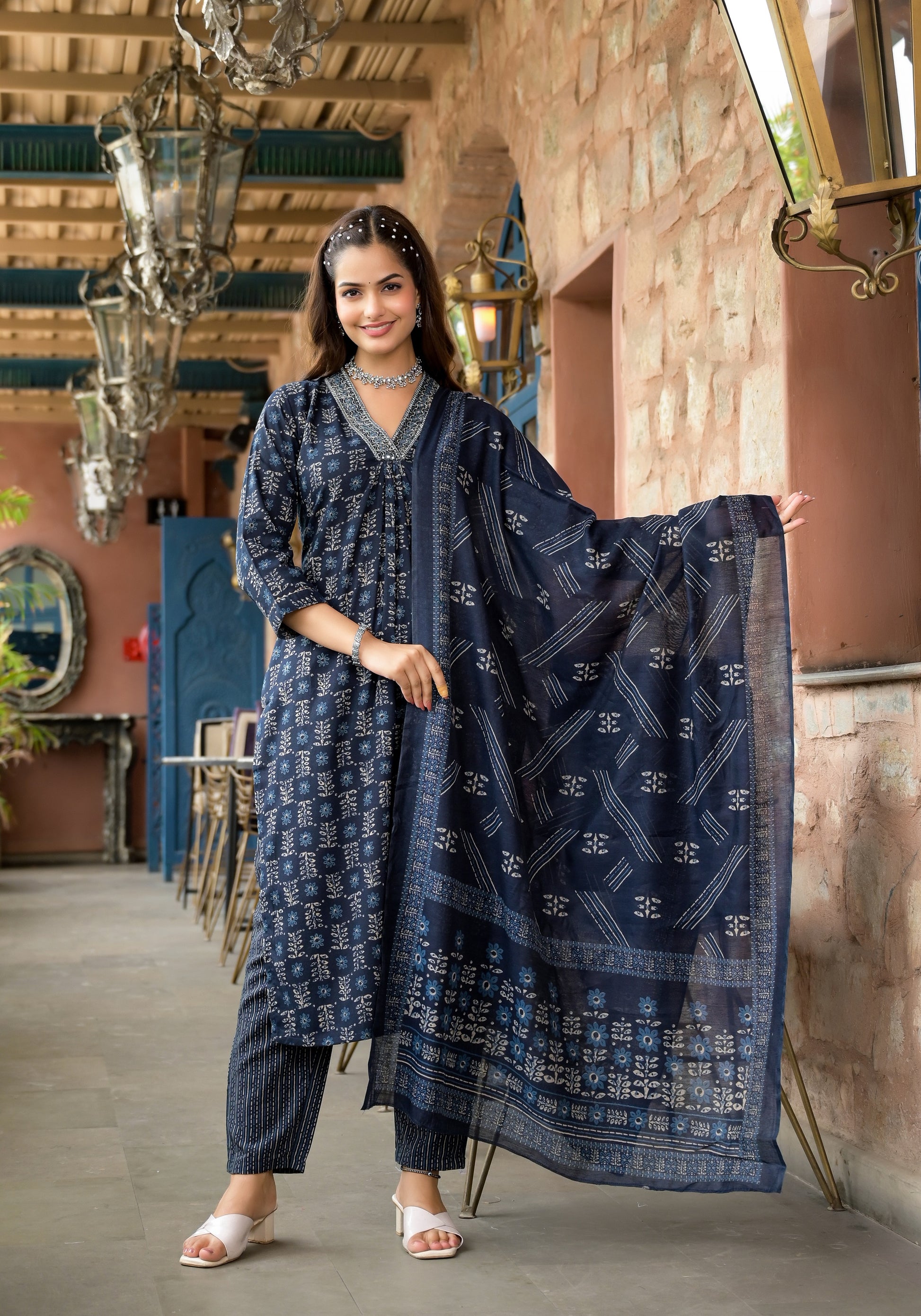 Ethnic Set Women Embroidery Straight Kurta and Pant set with Dupatta - Ethnic Set