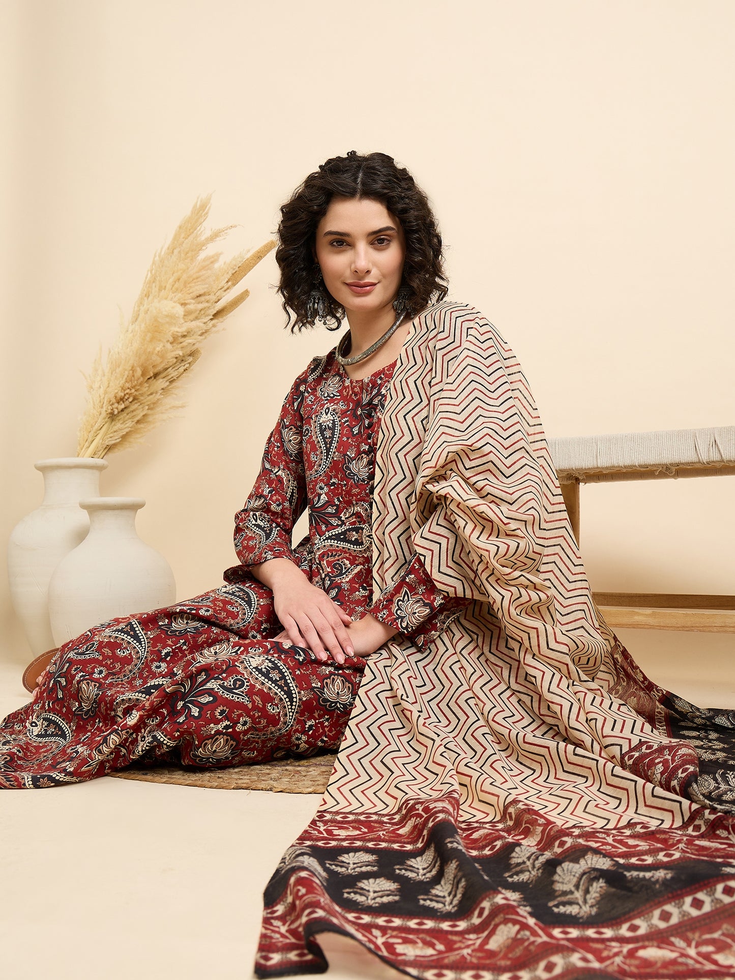 Ethnic Set Women Printed Anarkali Maroon Kurta And Pant Set With Dupatta