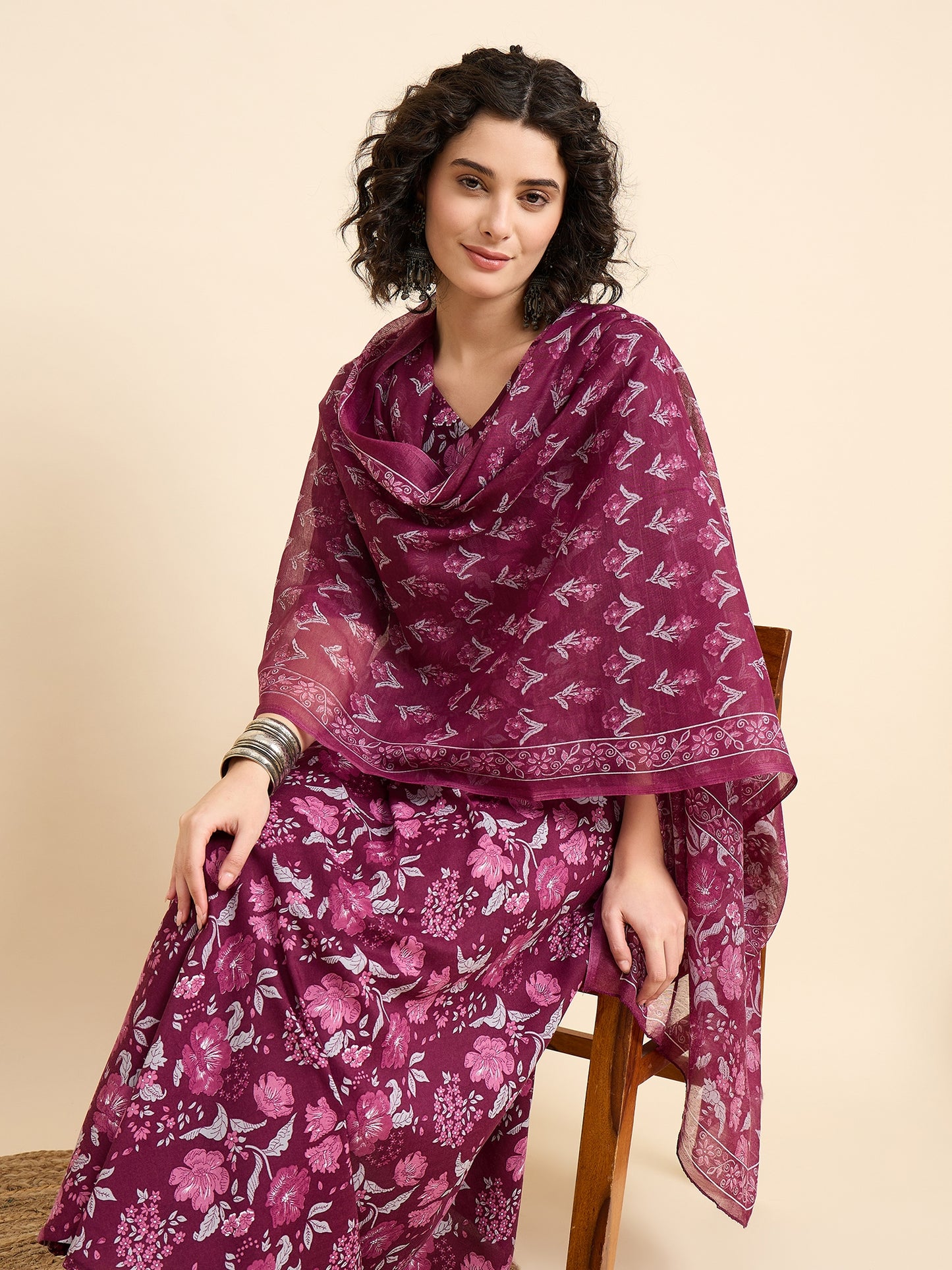 Ethnic Set Women Floral Printed Anarkali Kurta And Pant Set With Dupatta