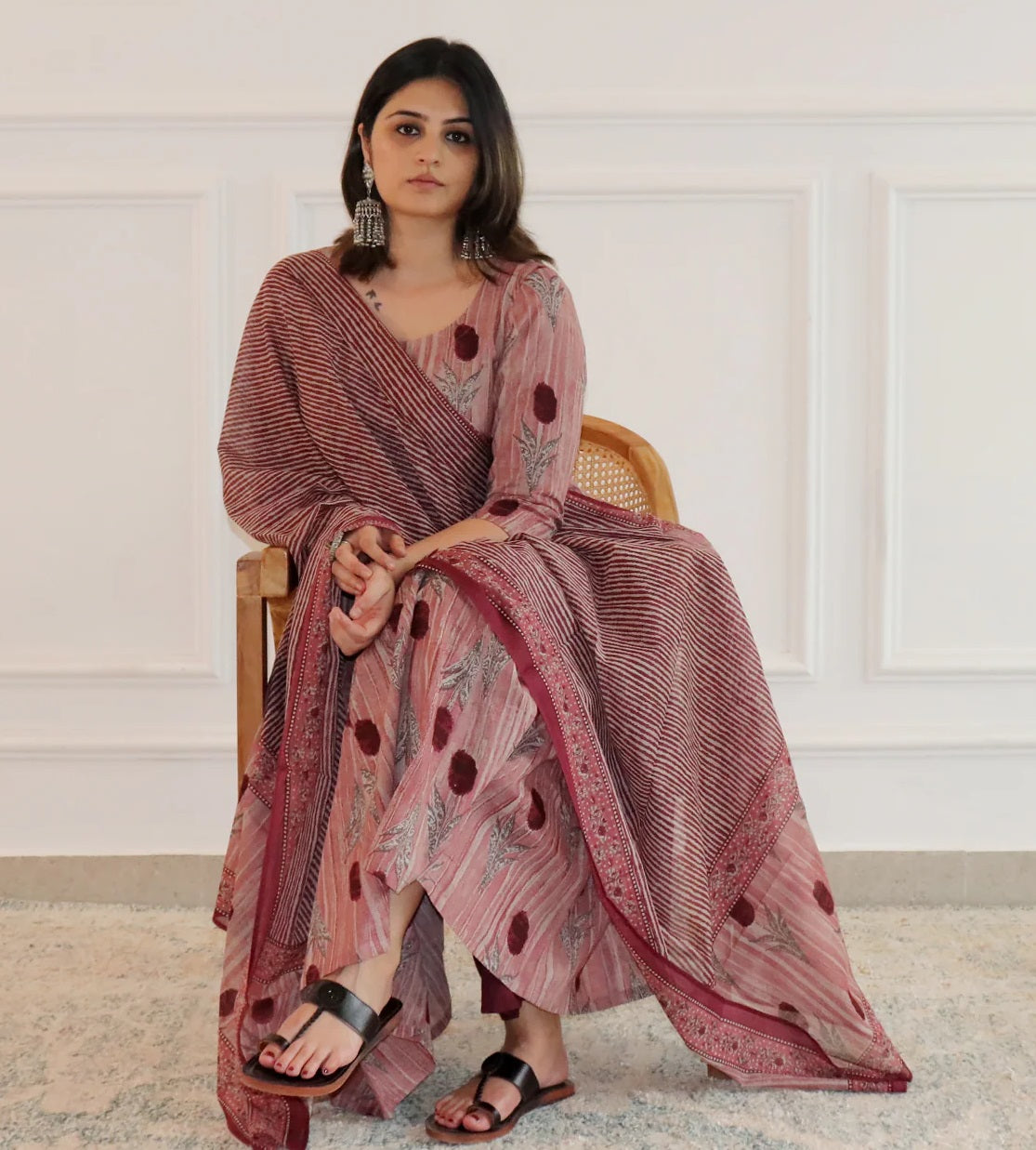 Ethnic Set Women Printed Anarkali Kurta and Pant Set with Dupatta