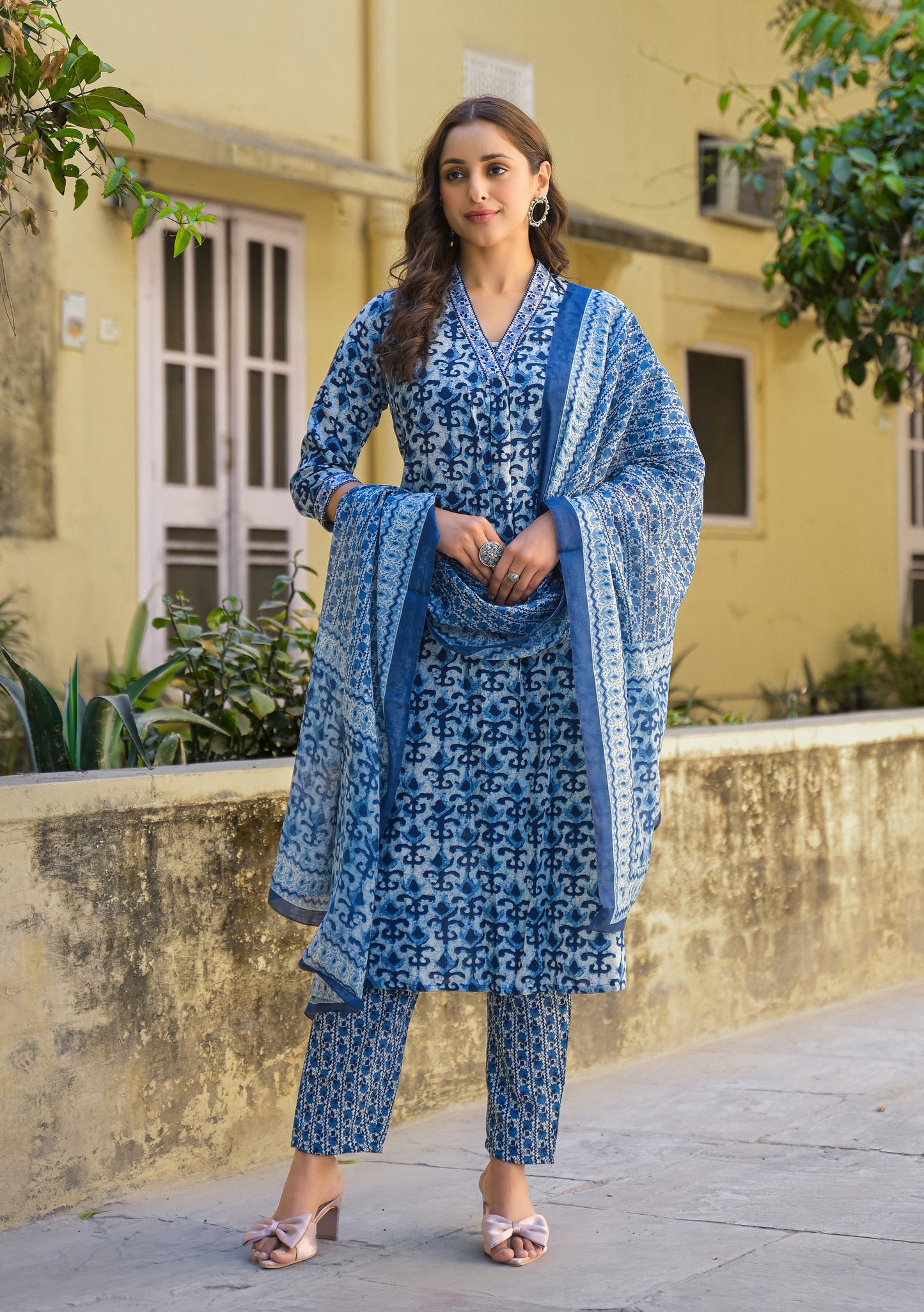 Ethnic Set Women Printed A-Line Blue Kurta And Pant Set With Dupatta