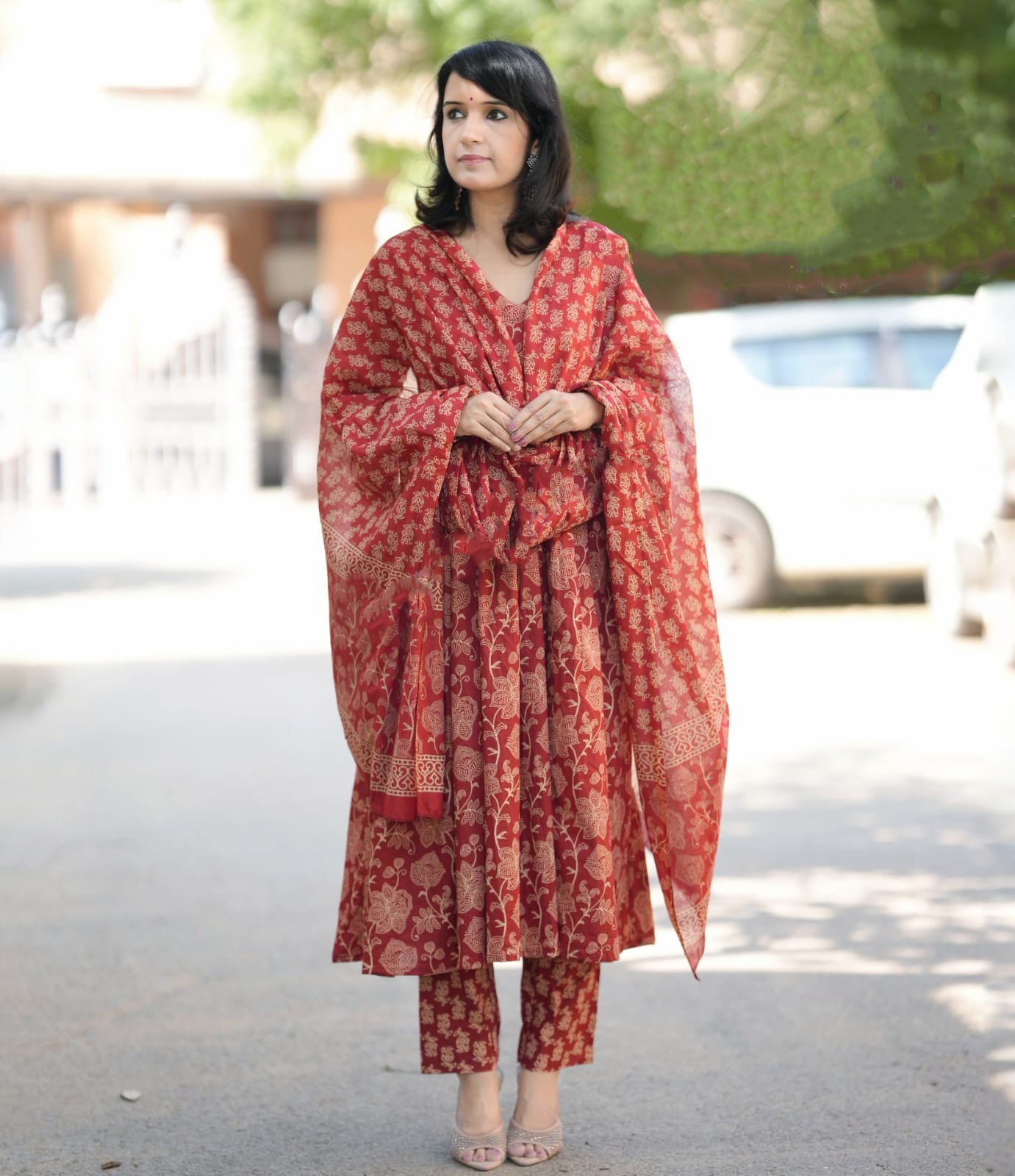 Ethnic Set Women Floral Anarkali Printed Red Kurta and Pant Set With Dupatta