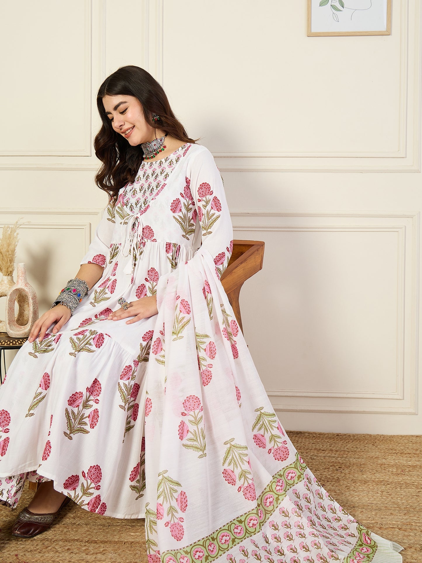 Ethnic Set Women Printed Anarkali White Kurta and Pant Set With Dupatta