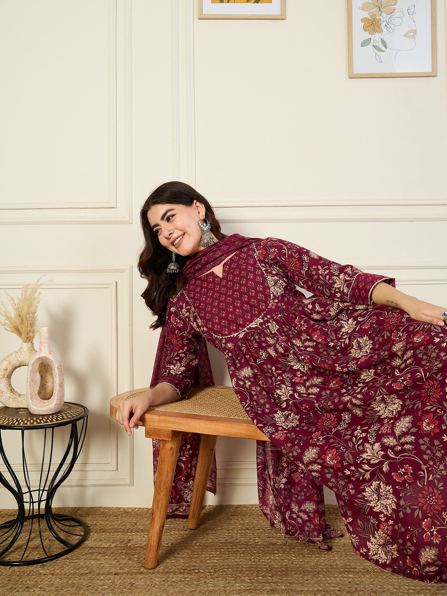 Ethnic Set Women Floral Printed Anarkali Maroon Kurta and Pant Set With Dupatta