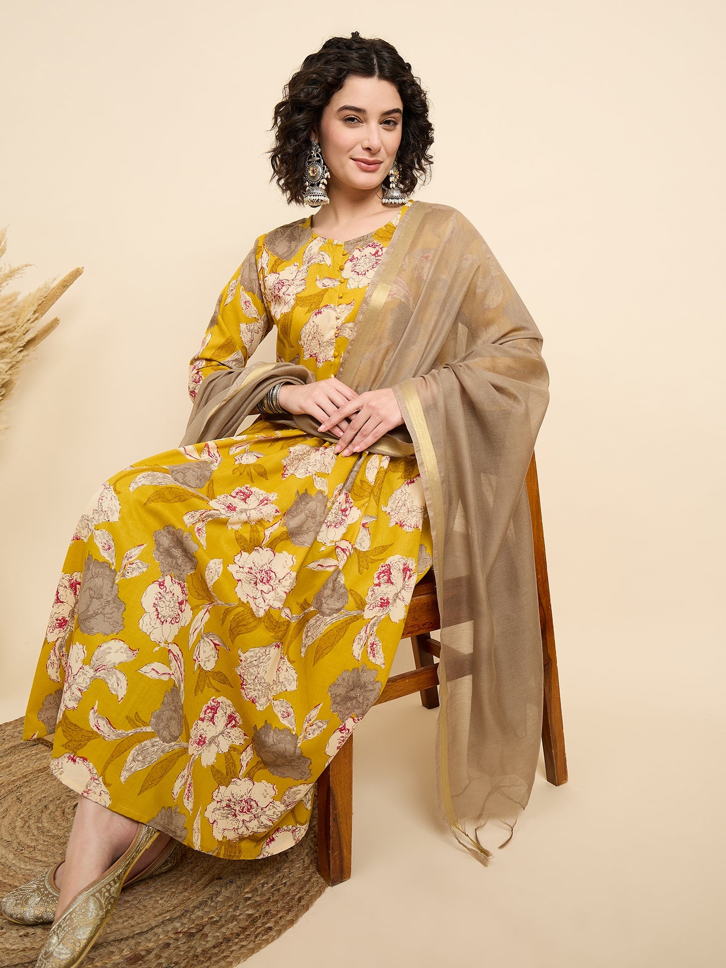 Ethnic Set Women Printed Anarkali Yellow Kurta And Pant Set With Dupatta