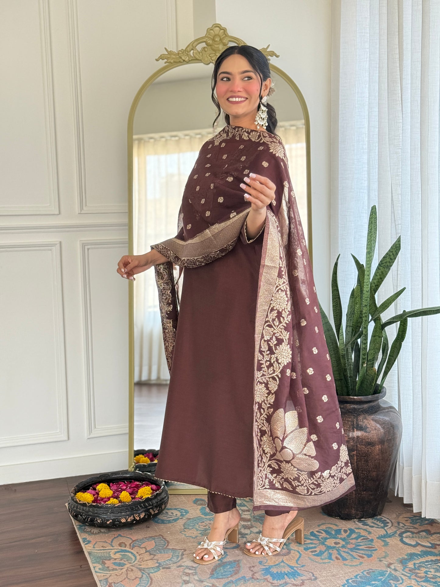 Elegant Solid Embroidered Kurta Set for Women – Festive Wear with Dupatta