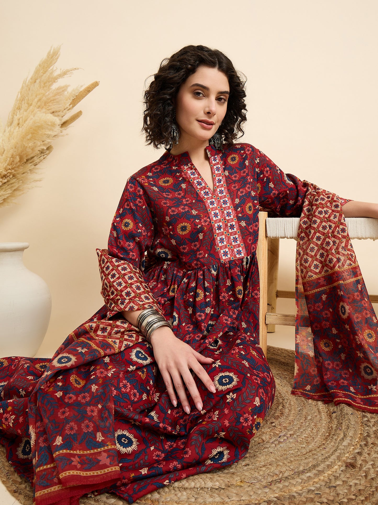 Ethnic Set Women Printed A-Line Red Kurta And Pant Set With Dupatta