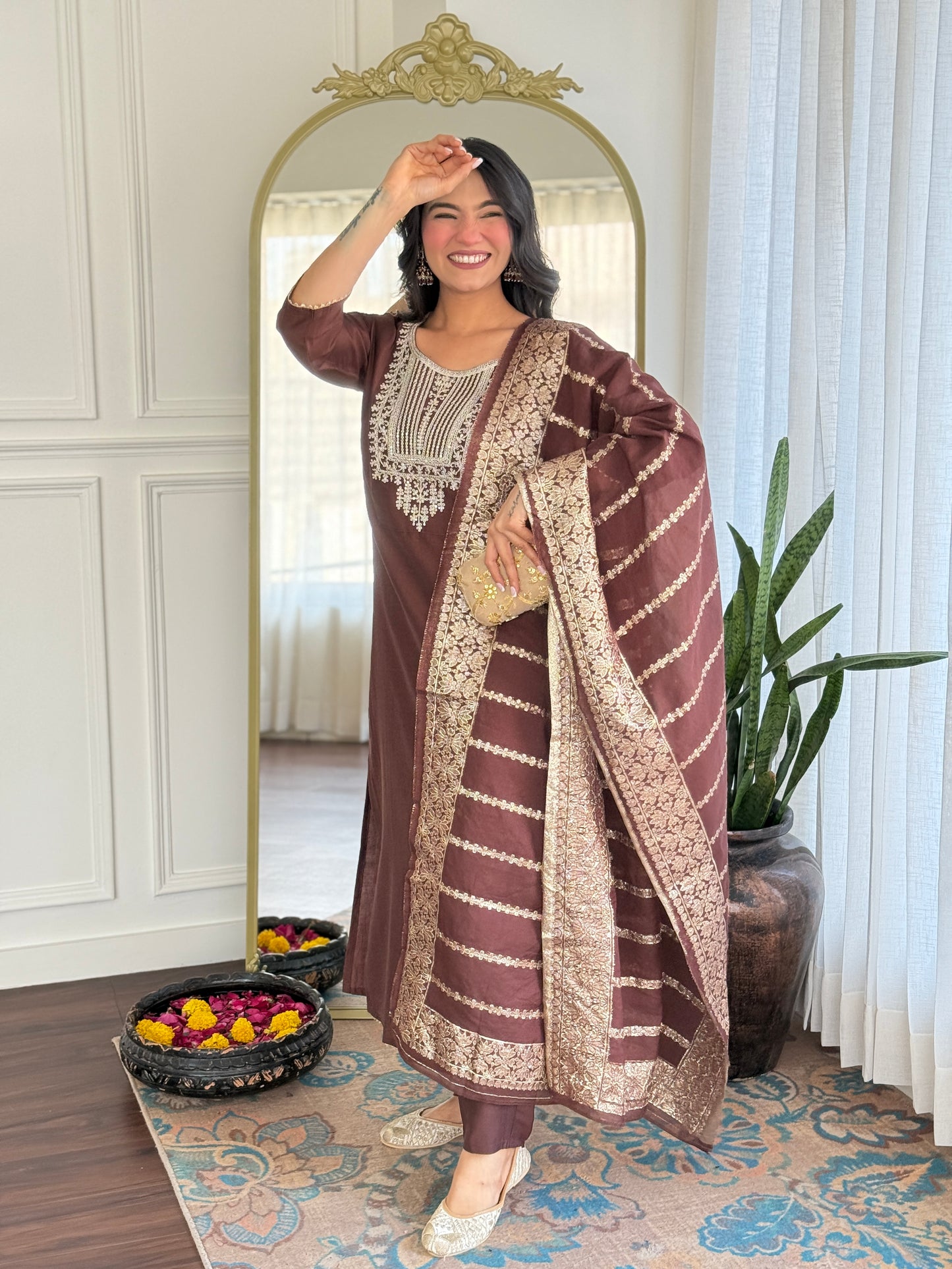 Elegant Solid Embroidered Kurta Set for Women – Festive Wear with Dupatta