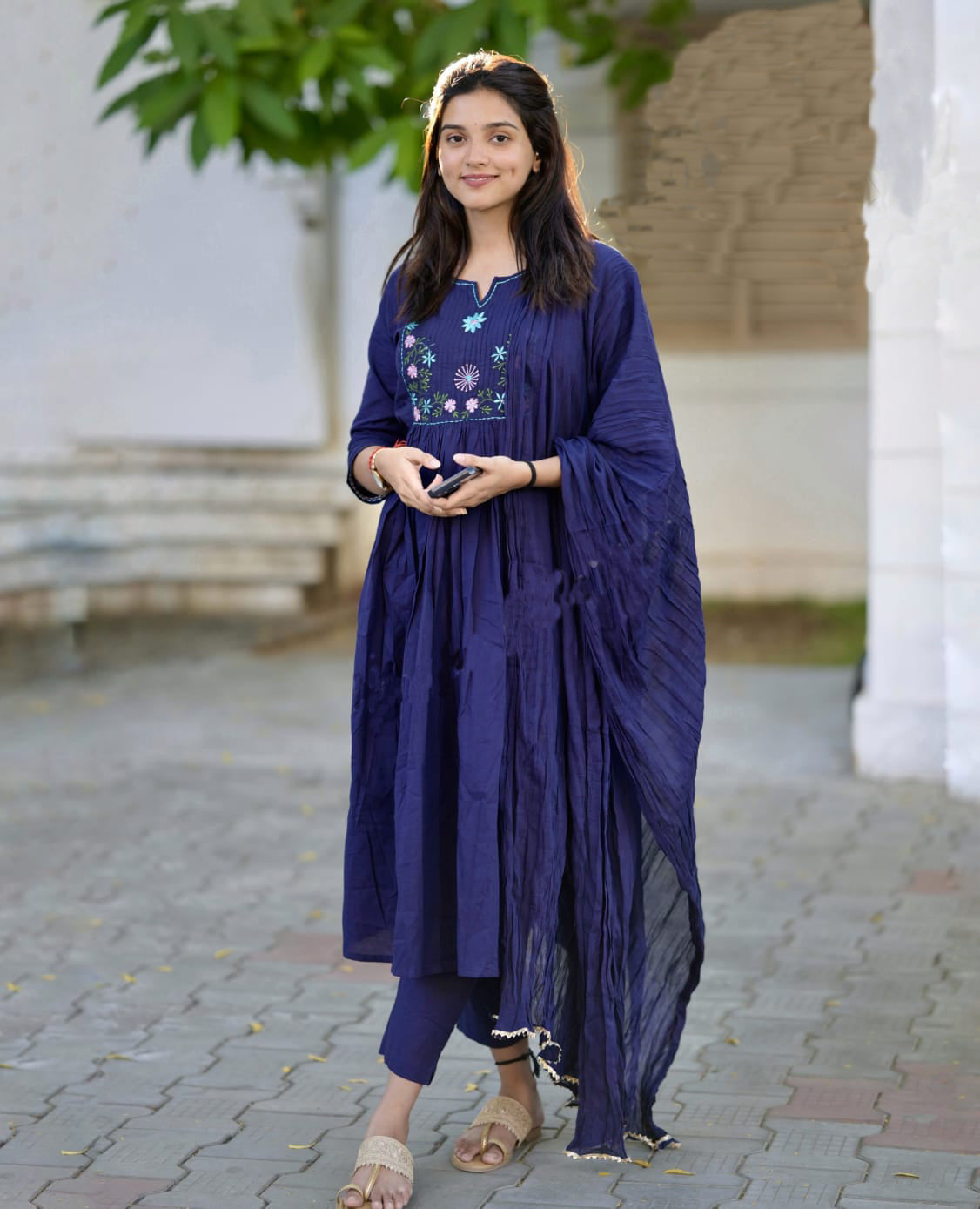 Ethnic Set  Women Silk Embroidery Straight Kurta and Pant Set with Dupatta